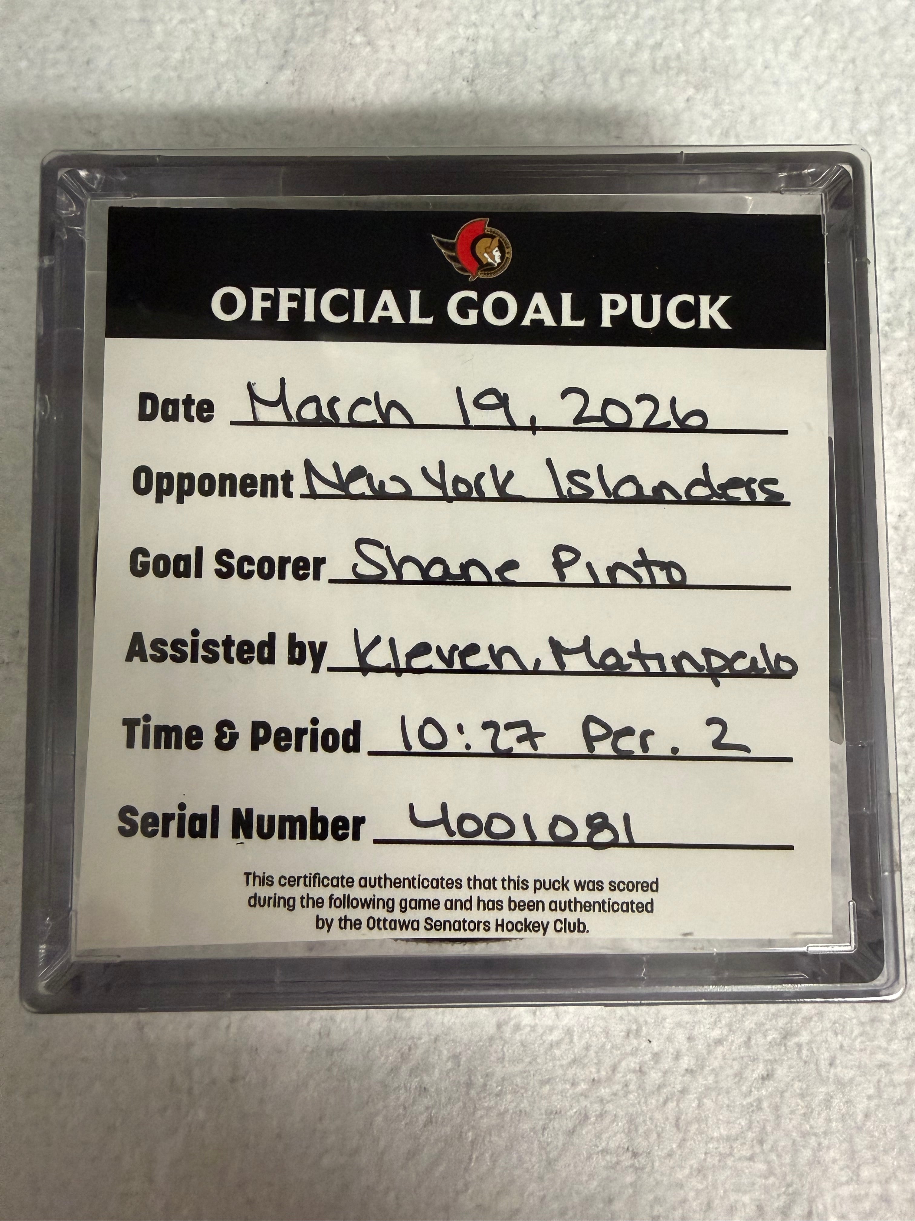 Mar 19th Shane Pinto Goal Puck