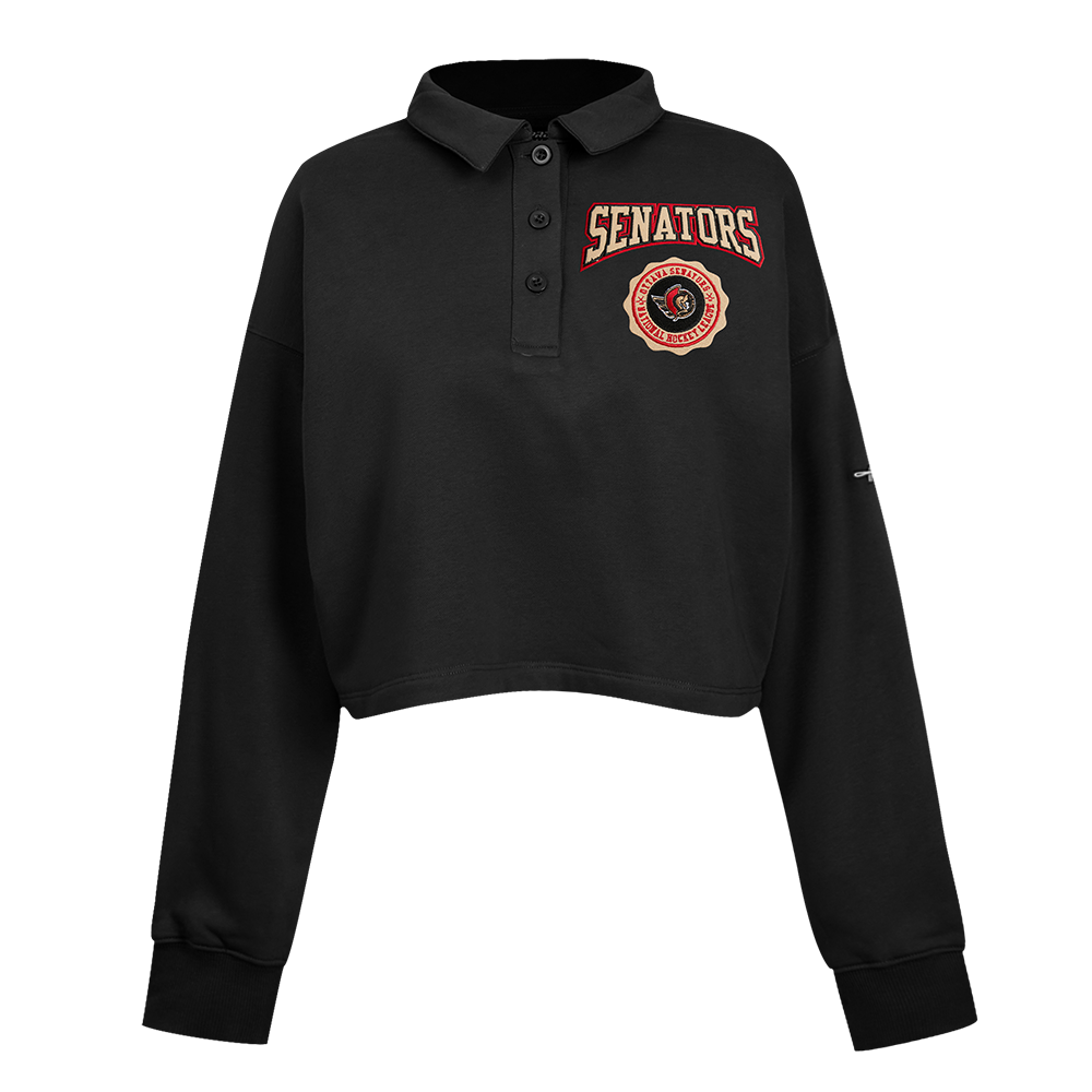 OTTAWA SENATORS WOMEN'S CLASSIC ICON CREST CROPPED BLACK LONGSLEEVE POLO