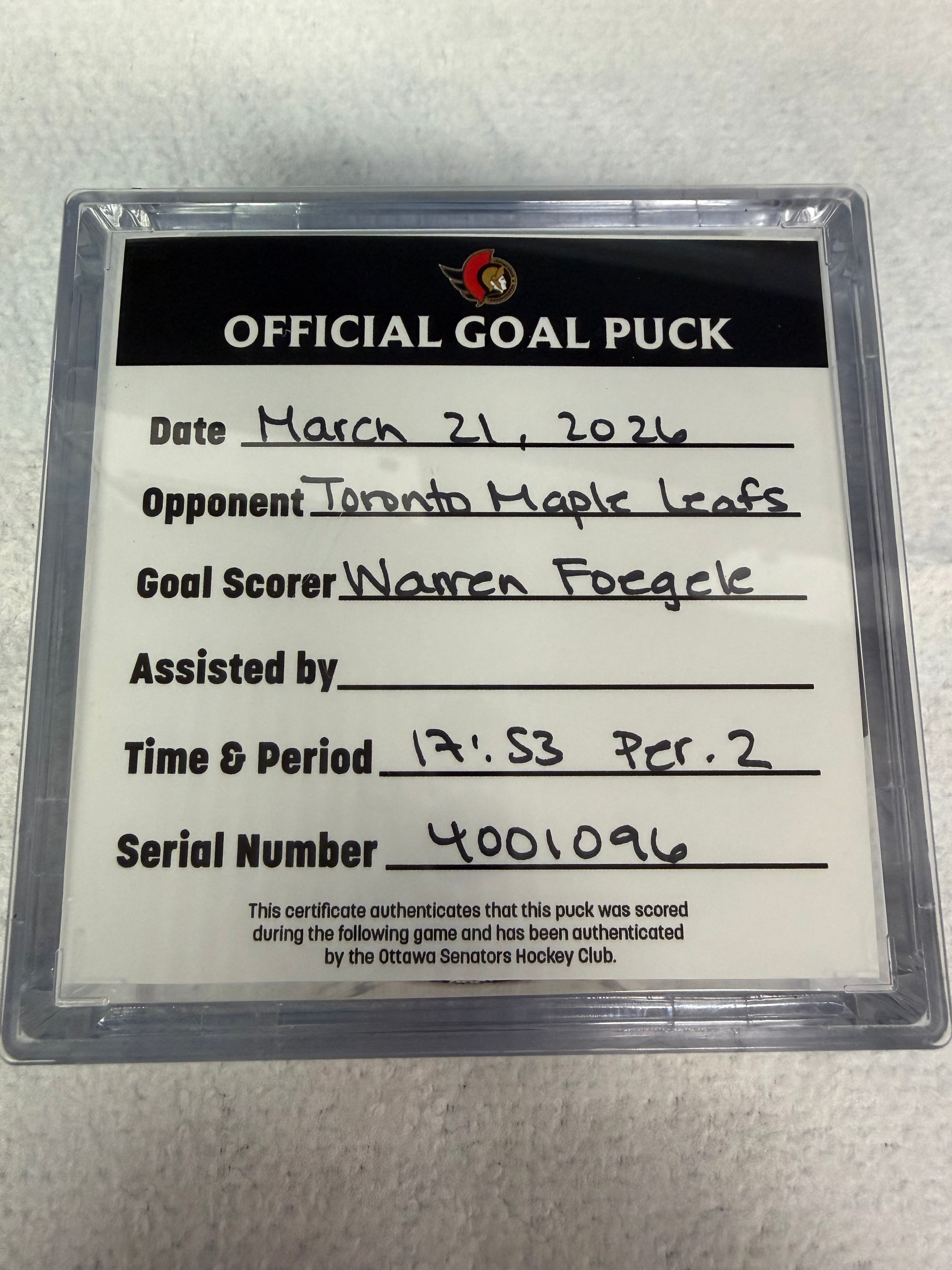 Mar 21st Warren Foegele Goal Puck