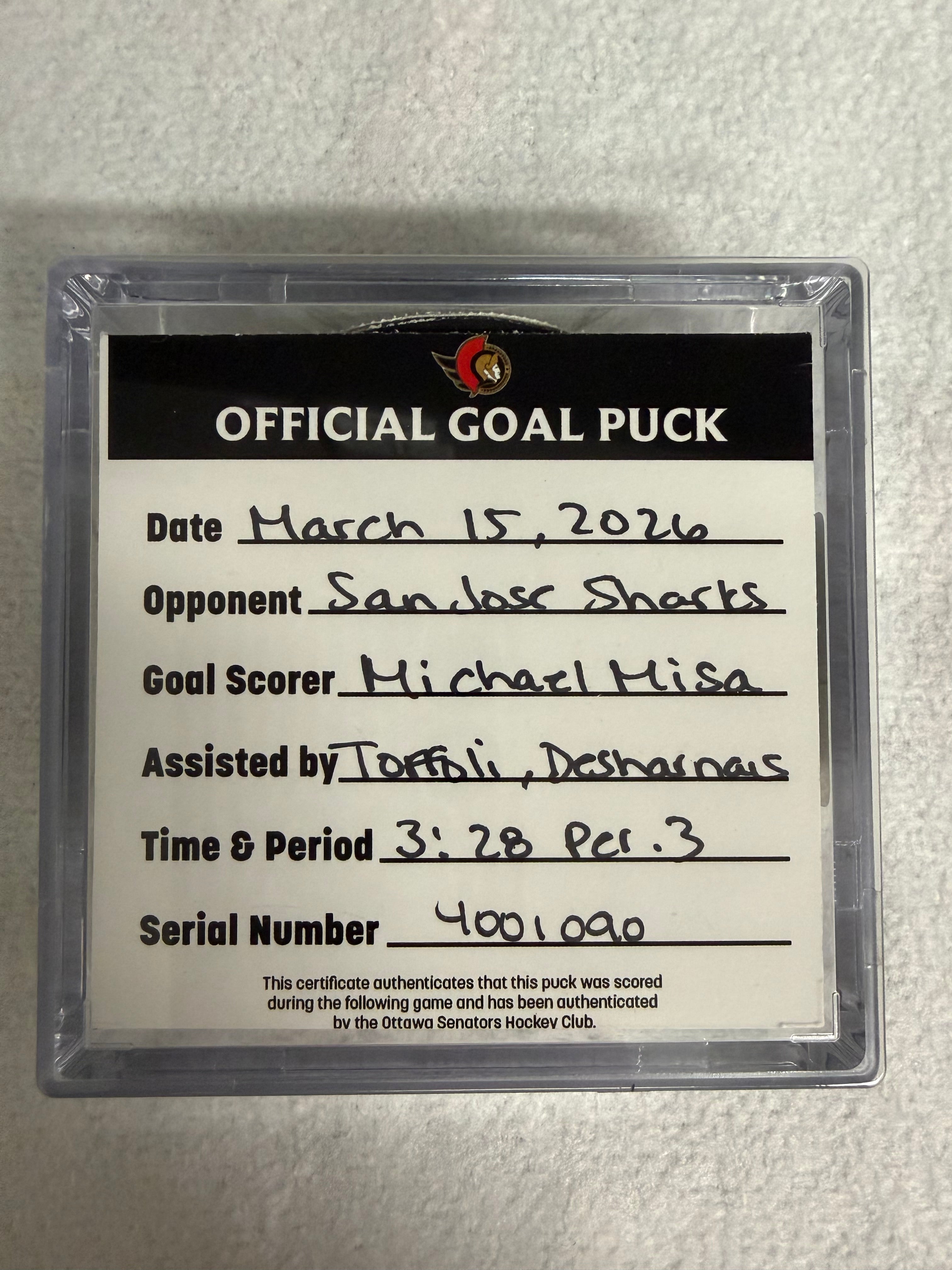 Mar 15th Michael Misa Goal Puck