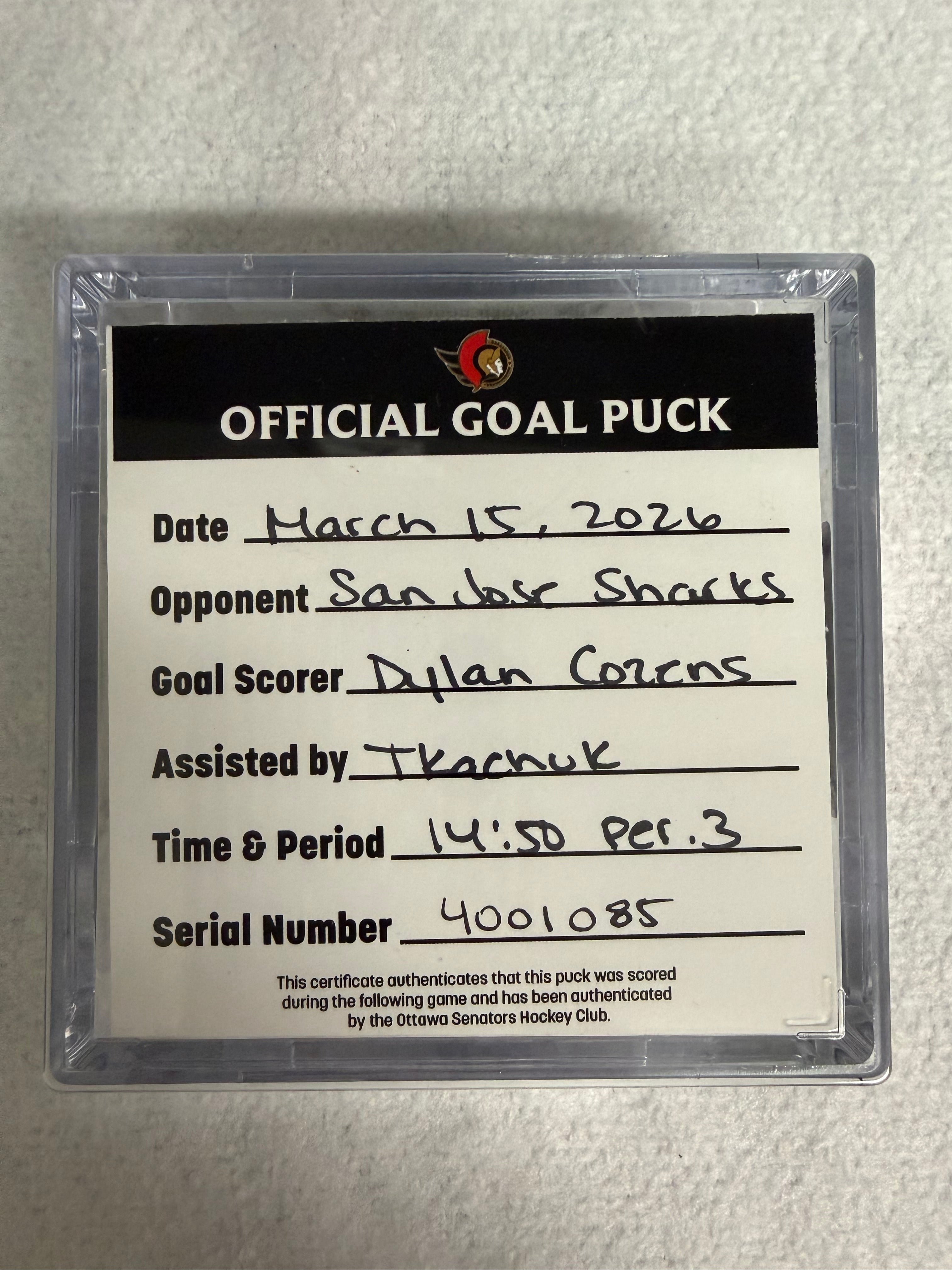 Mar 15th Dylan Cozens Goal Puck