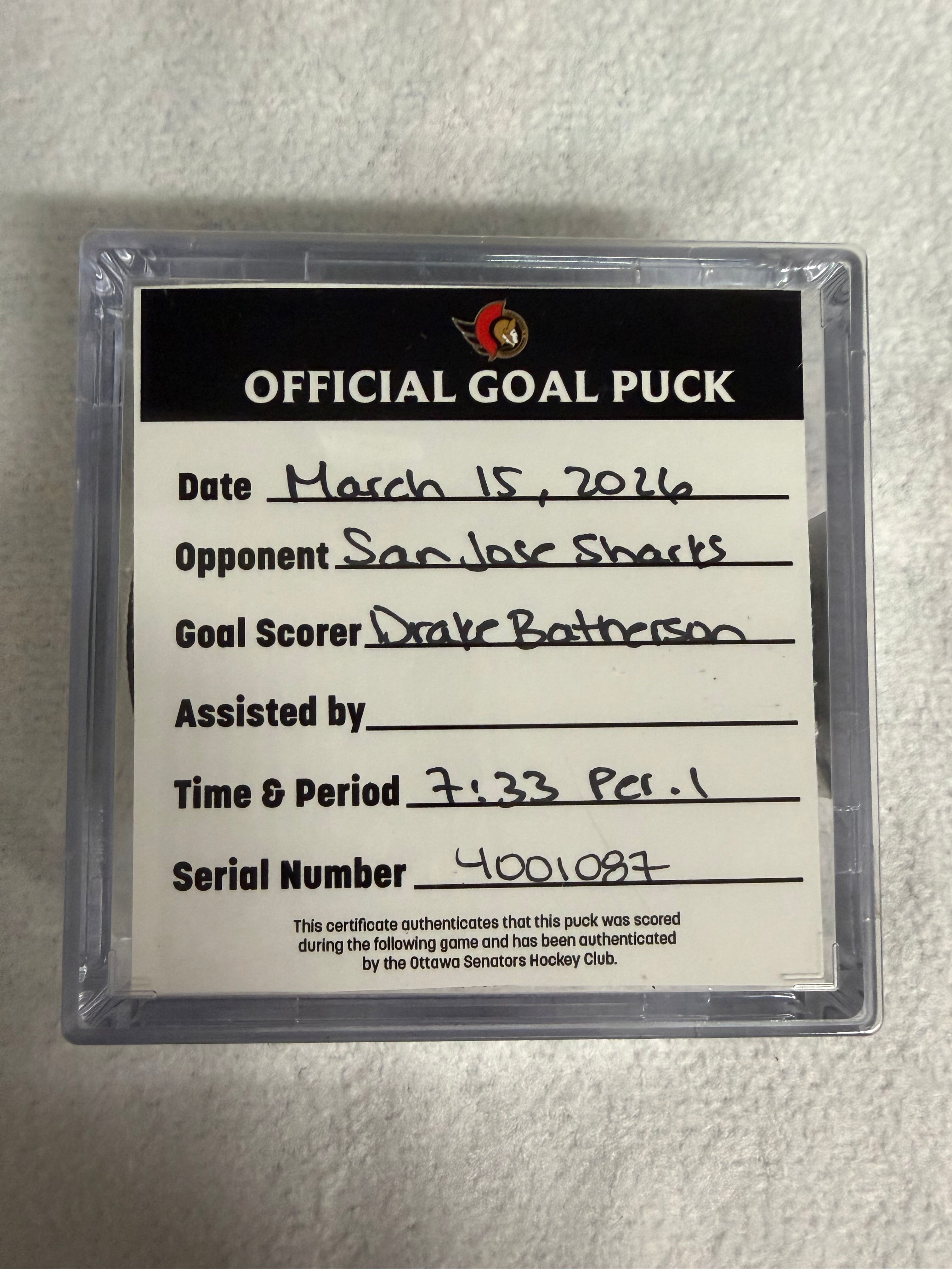 Mar 15th Drake Batherson Goal Puck