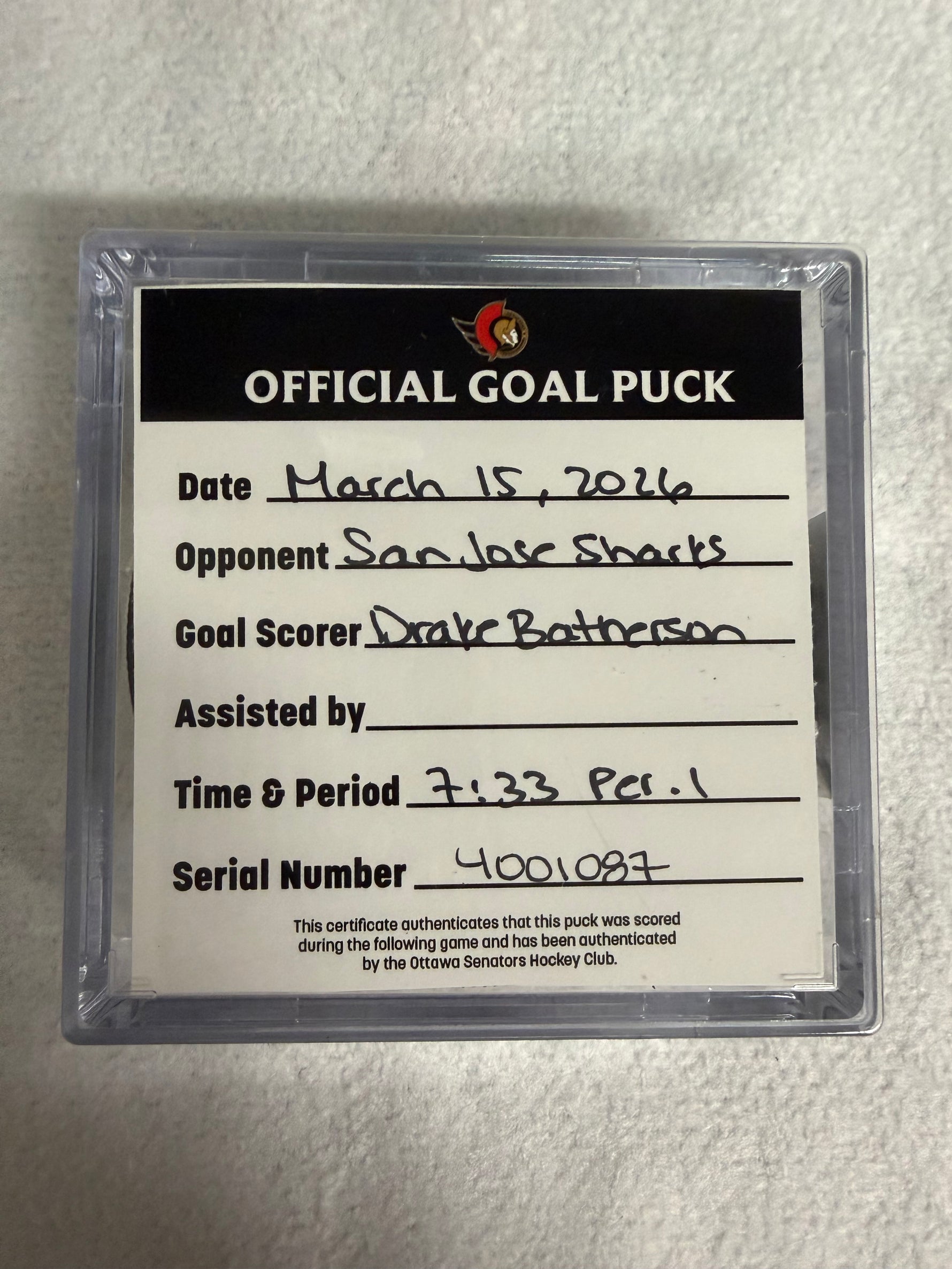 Mar 15th Drake Batherson Goal Puck