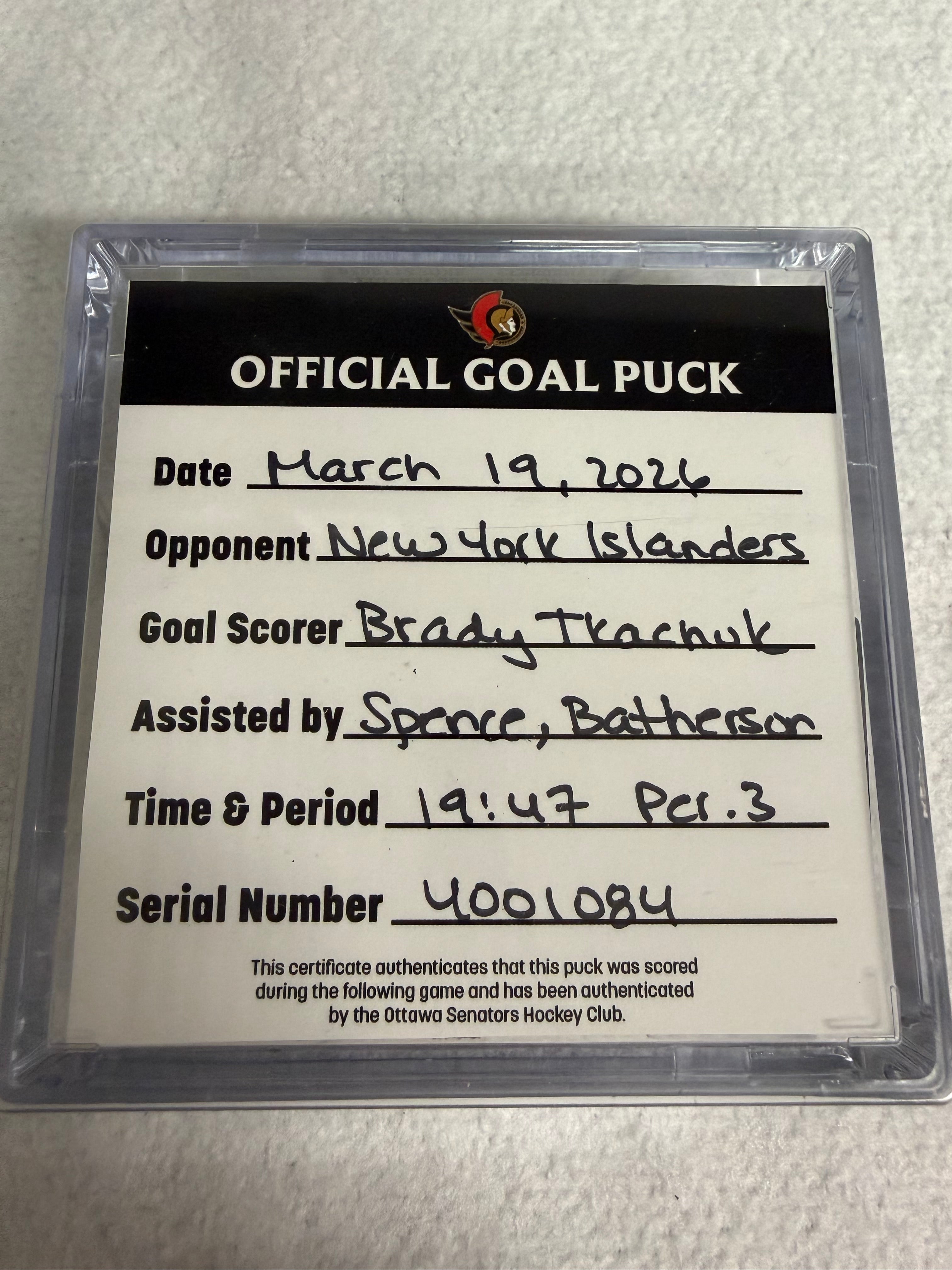 Mar 19th Brady Tkachuk Goal Puck