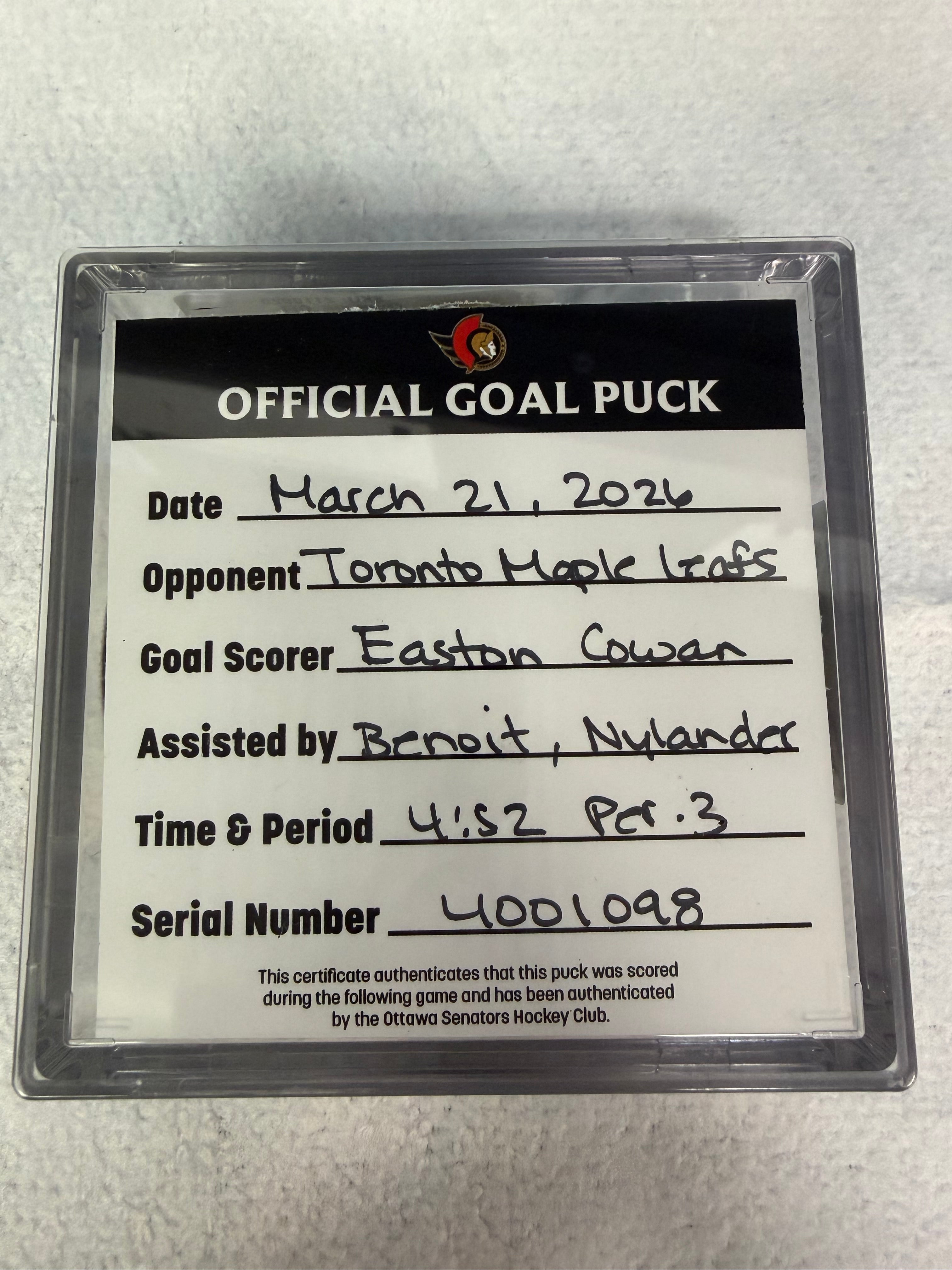 Mar 21st Easton Cowan Goal Puck