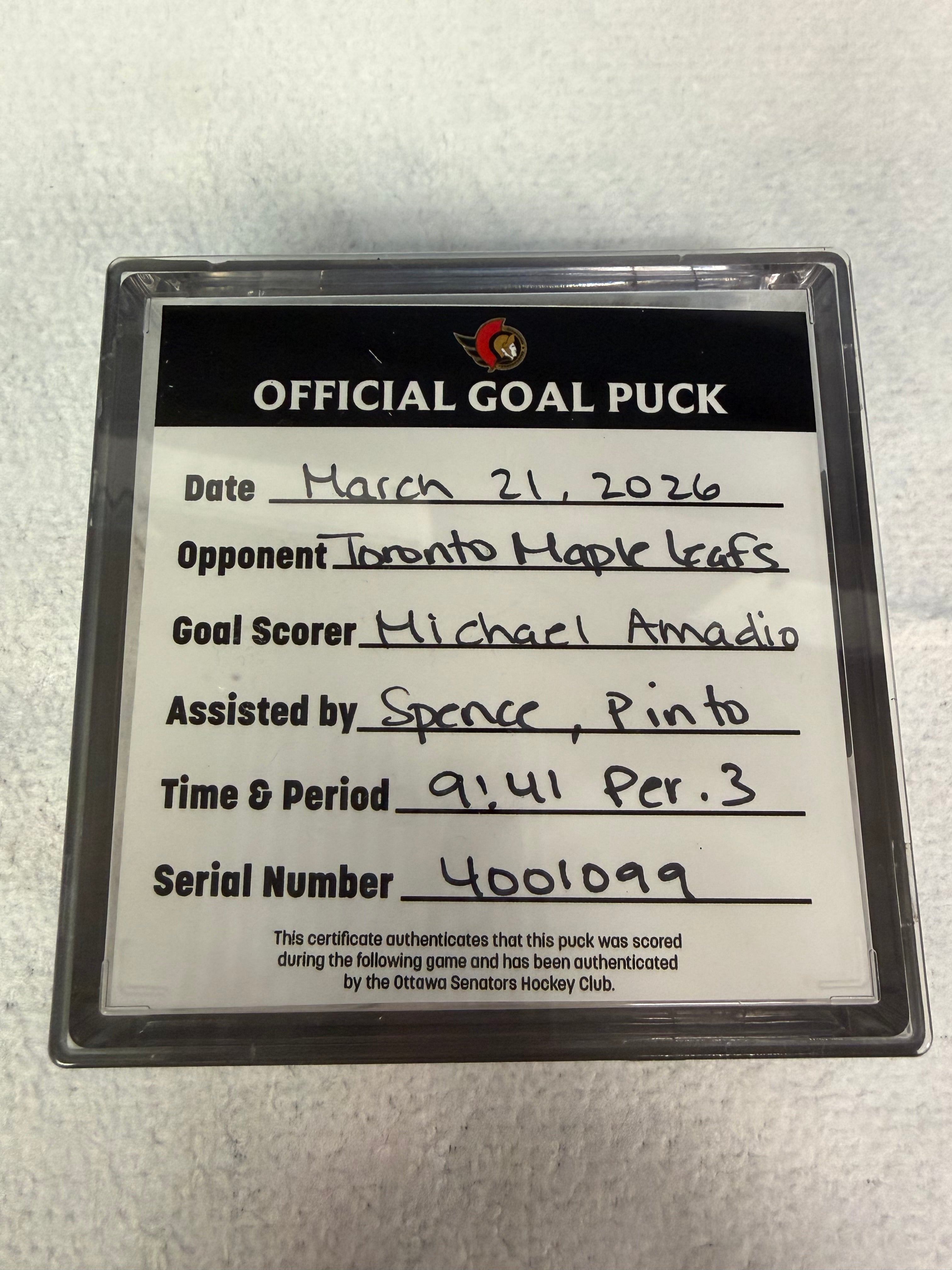 Mar 21st Michael Amadio Goal Puck