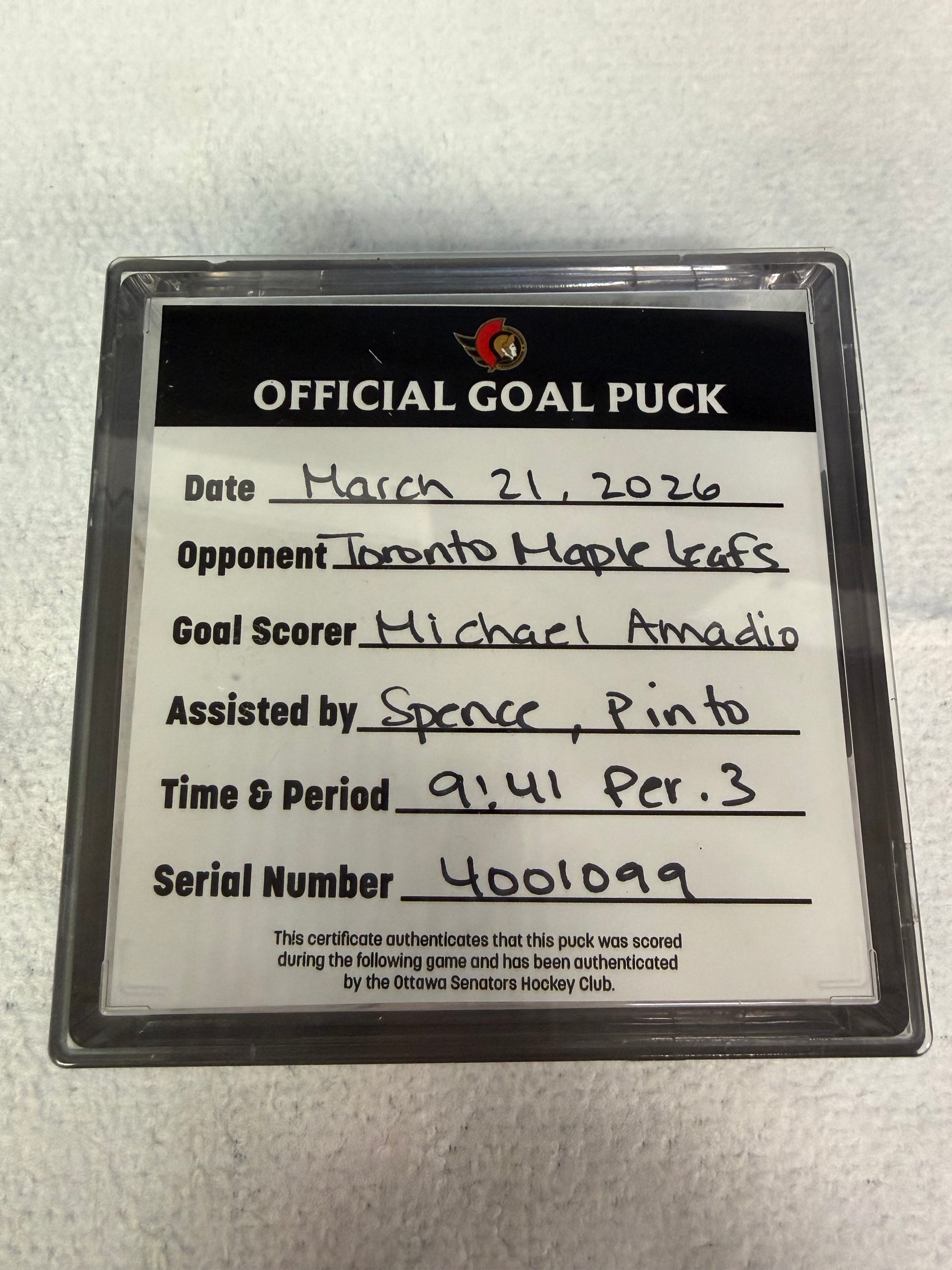 Mar 21st Michael Amadio Goal Puck