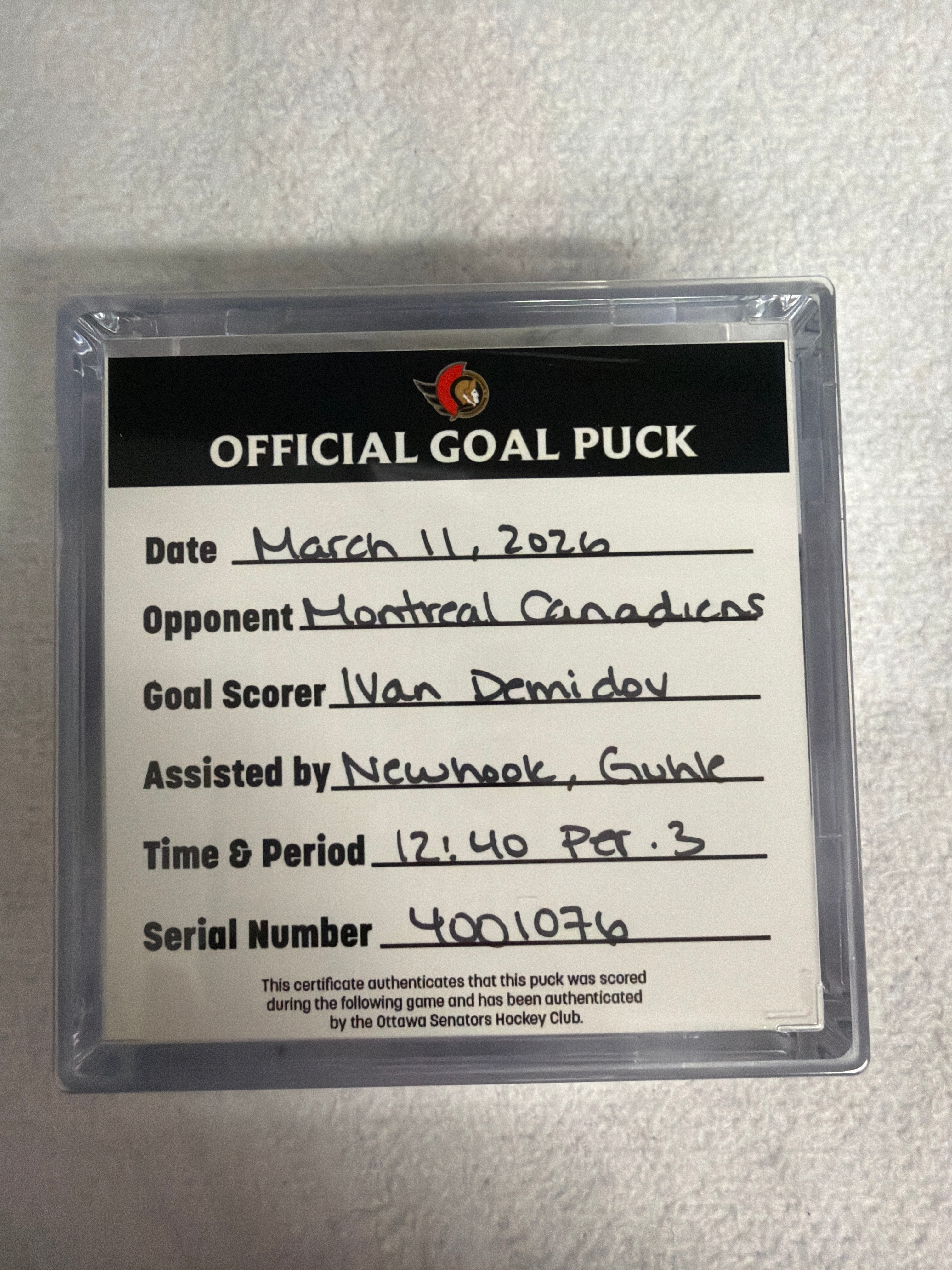 Mar 11th Ivan Demidov Goal Puck (milestone)