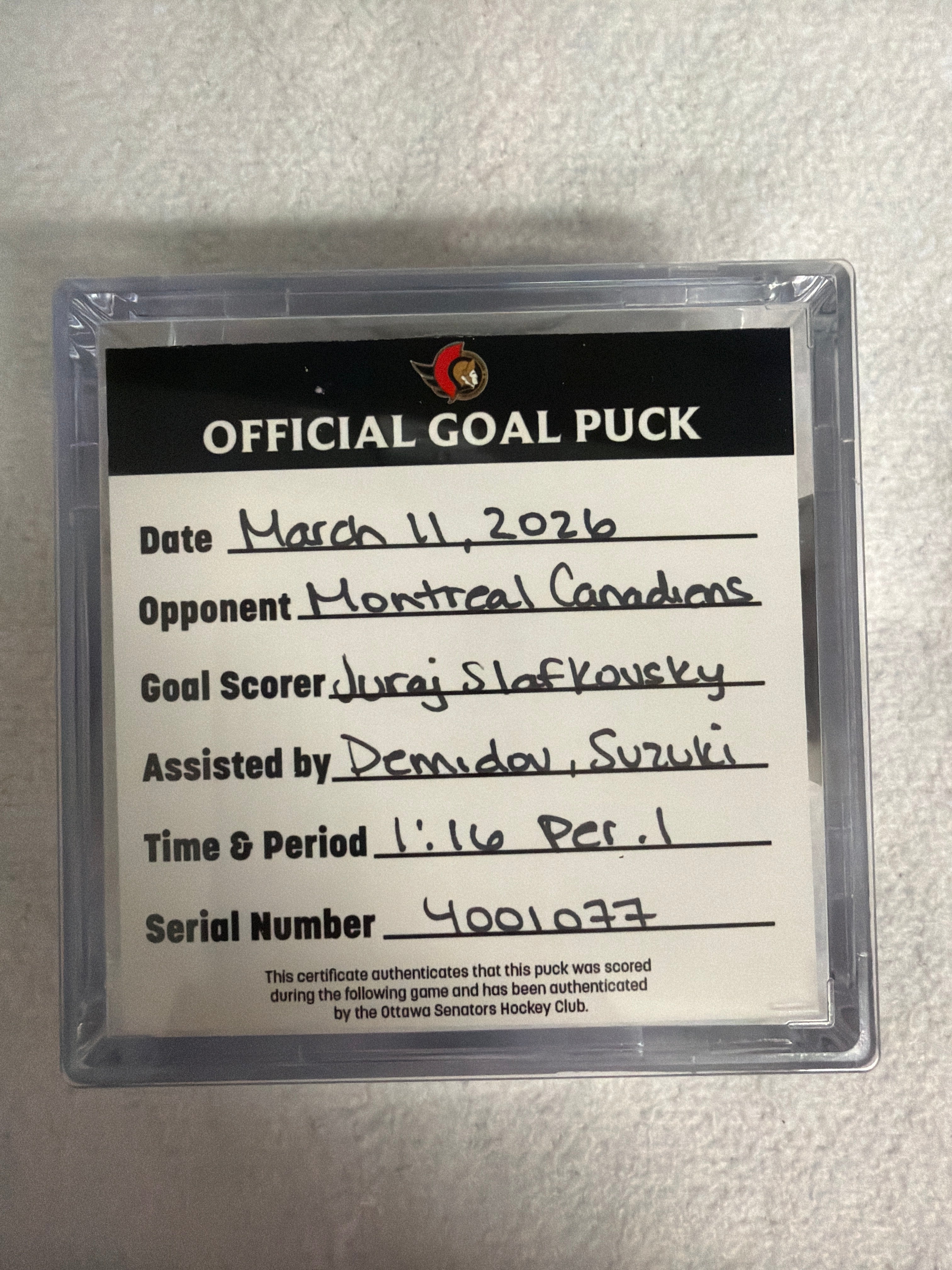 Mar 11th Juraj Slafkovsky Goal Puck (milestone)