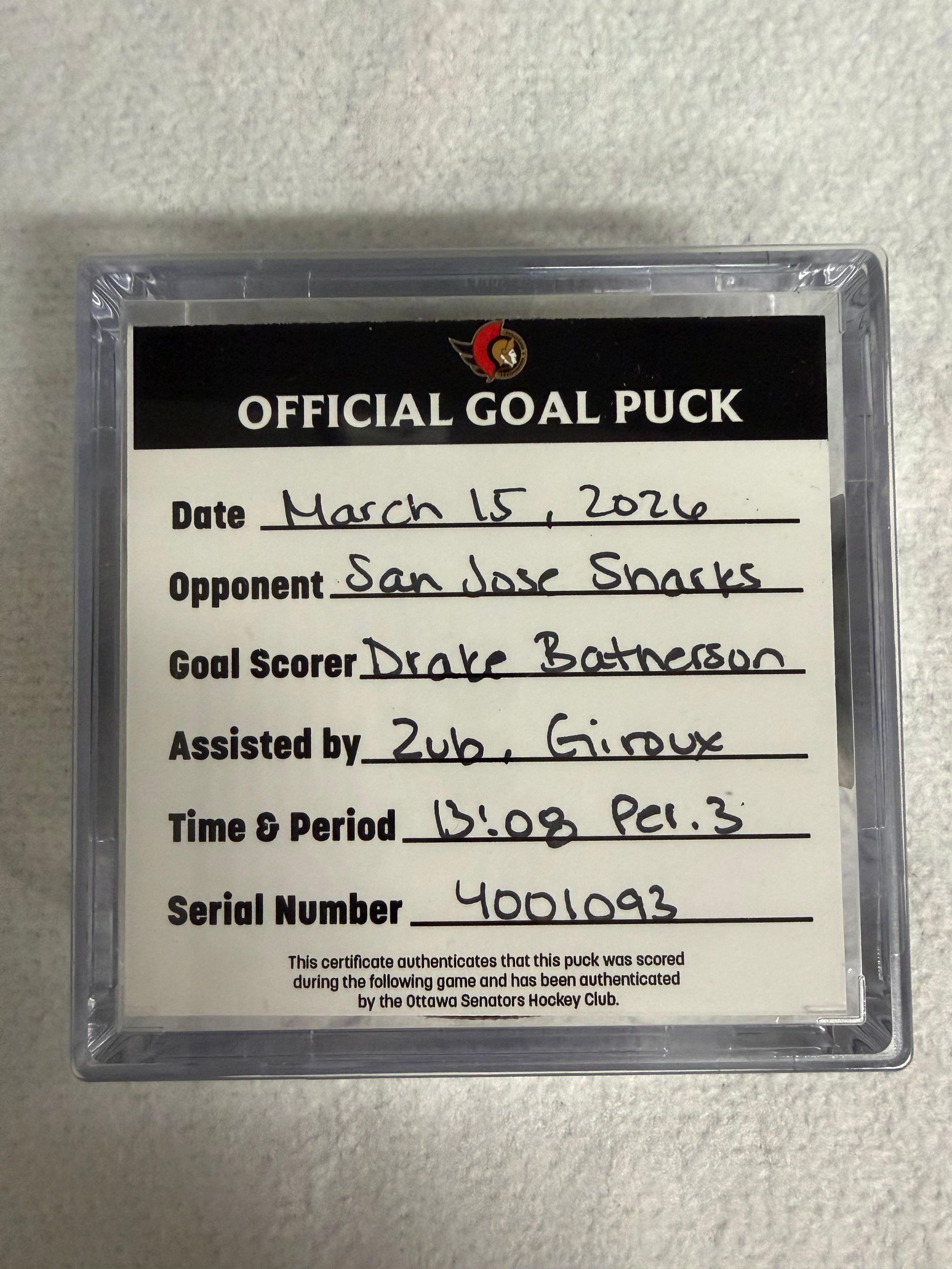Mar 15th Drake Batherson Goal Puck