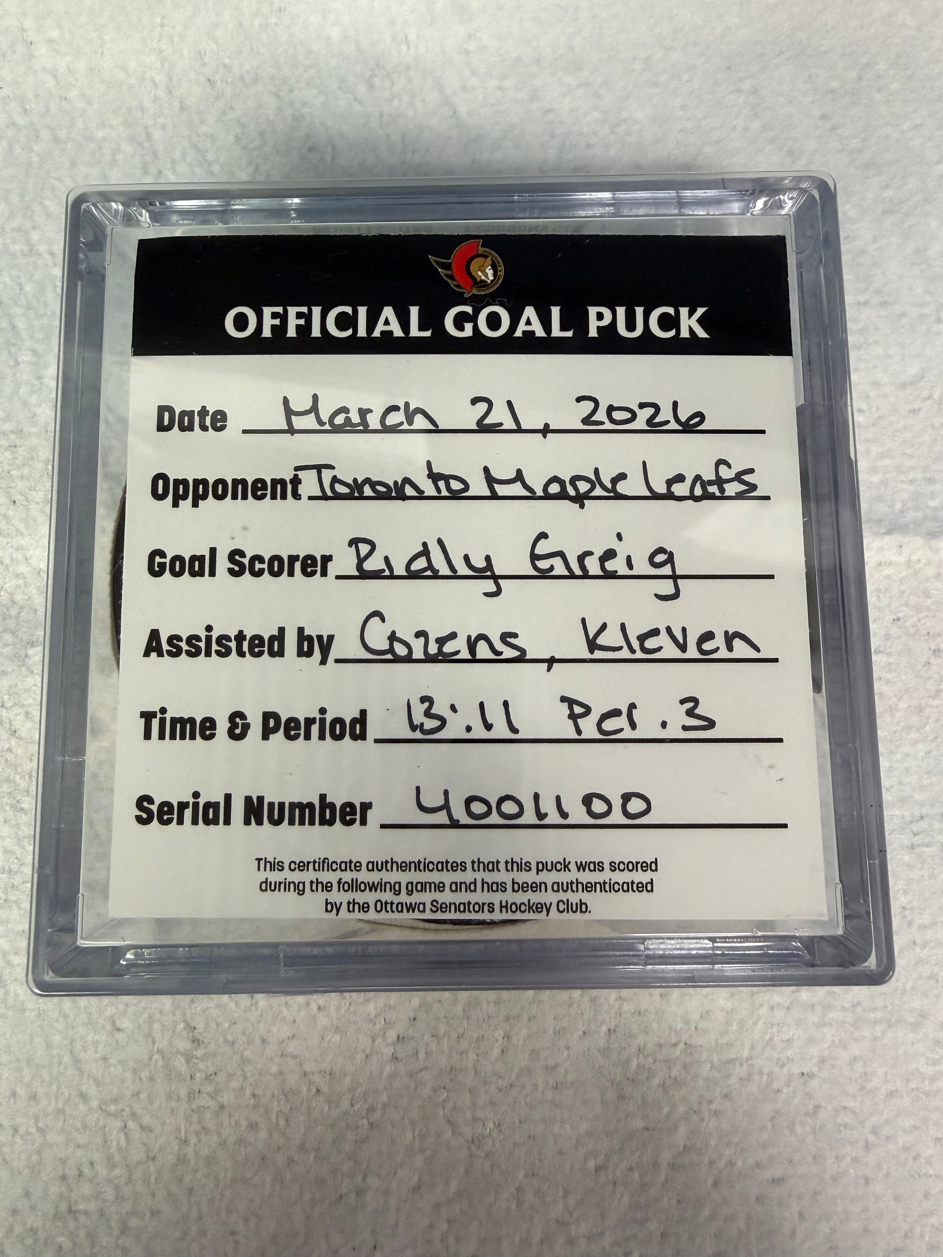 Mar 21st Ridly Greig Goal Puck