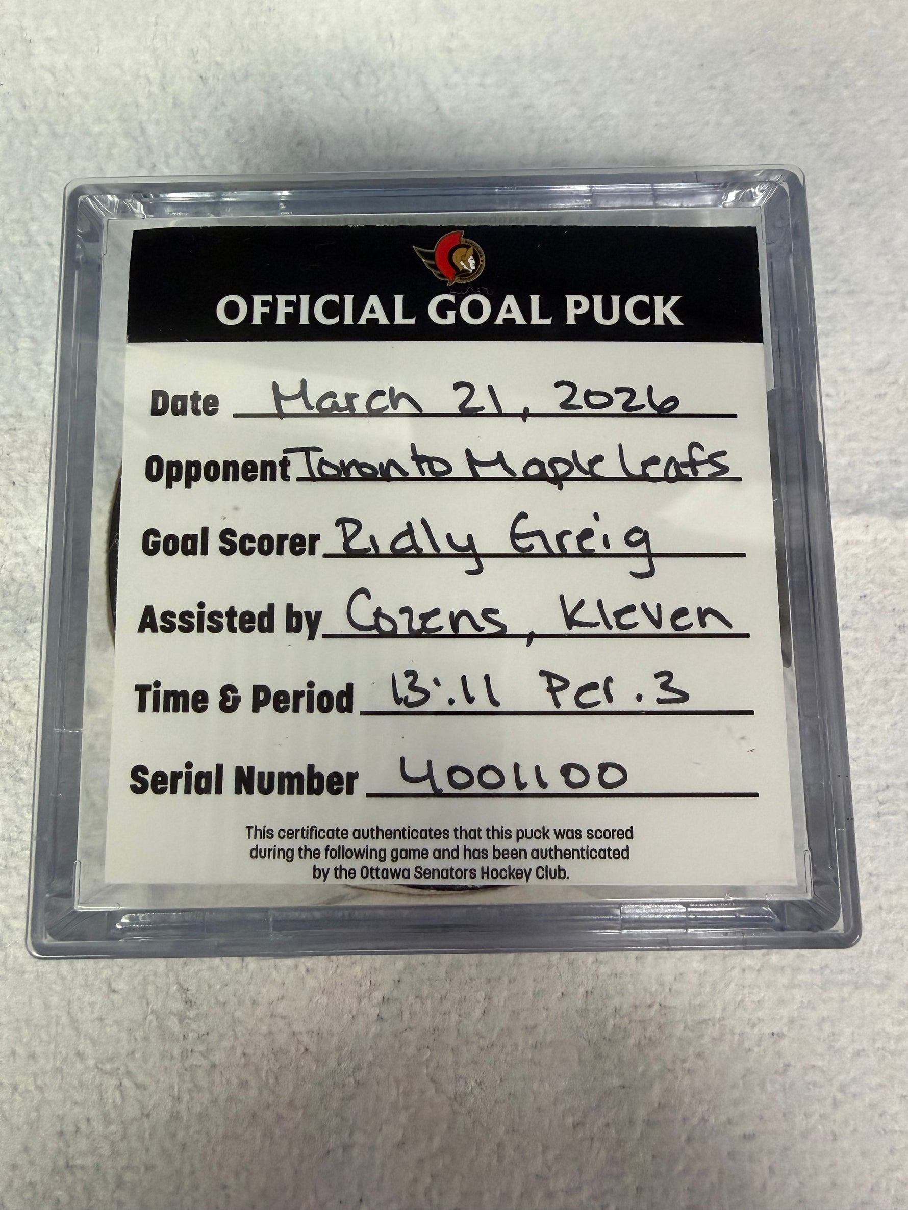 Mar 21st Ridly Greig Goal Puck