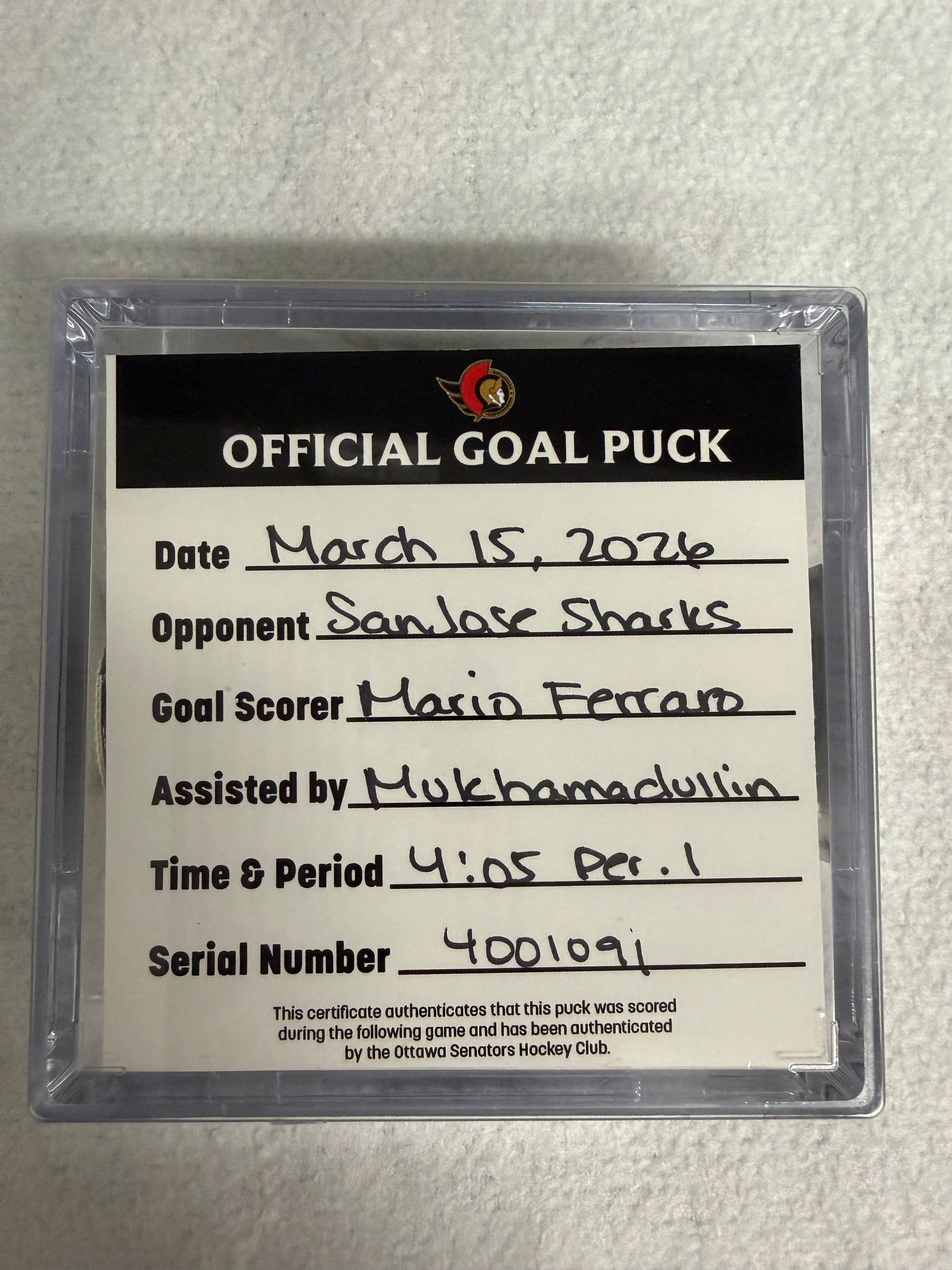 Mar 15th Mario Ferraro Goal Puck