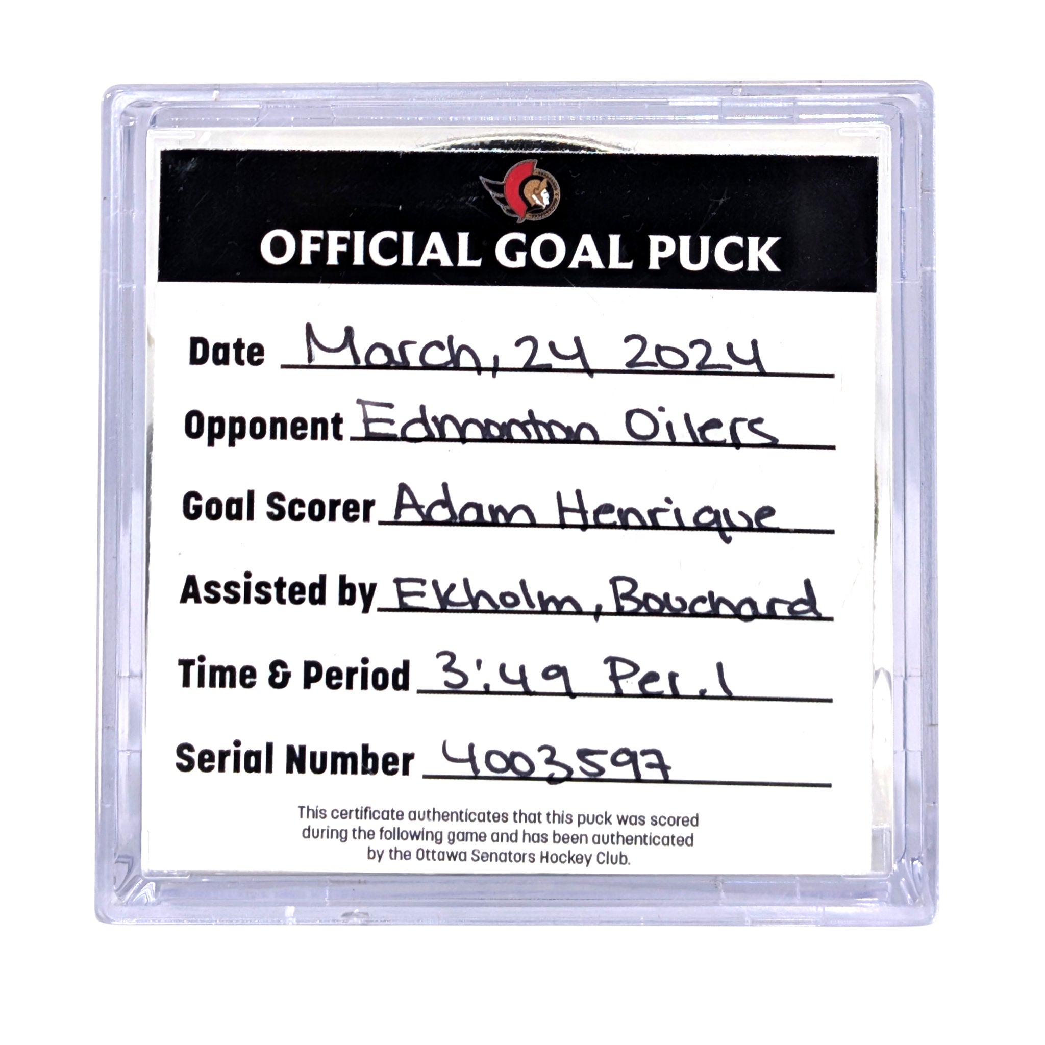 ADAM HENRIQUE - 2024 GOAL PUCK