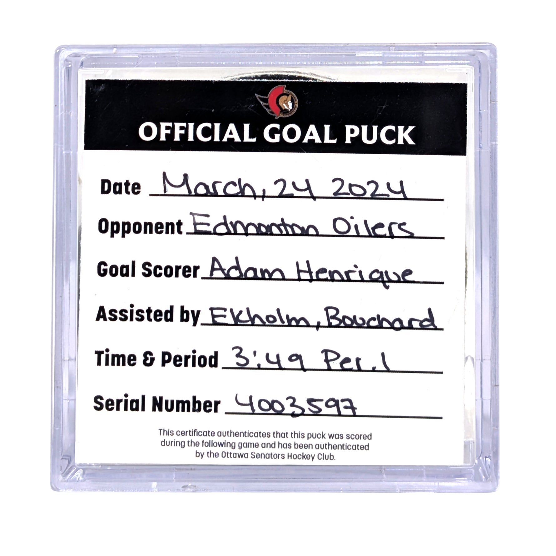 ADAM HENRIQUE - 2024 GOAL PUCK