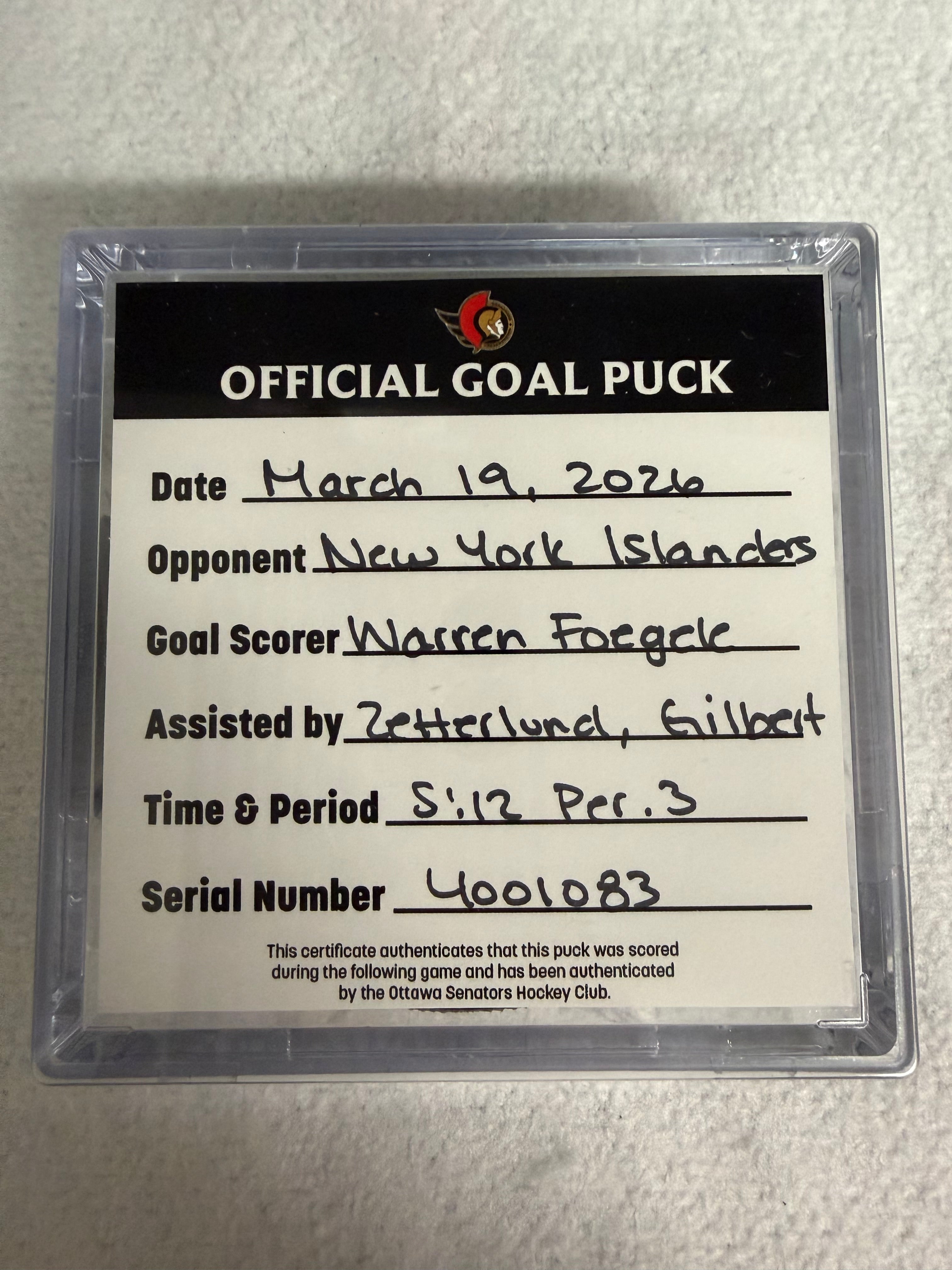 Mar 19th Warren Foegele Goal Puck