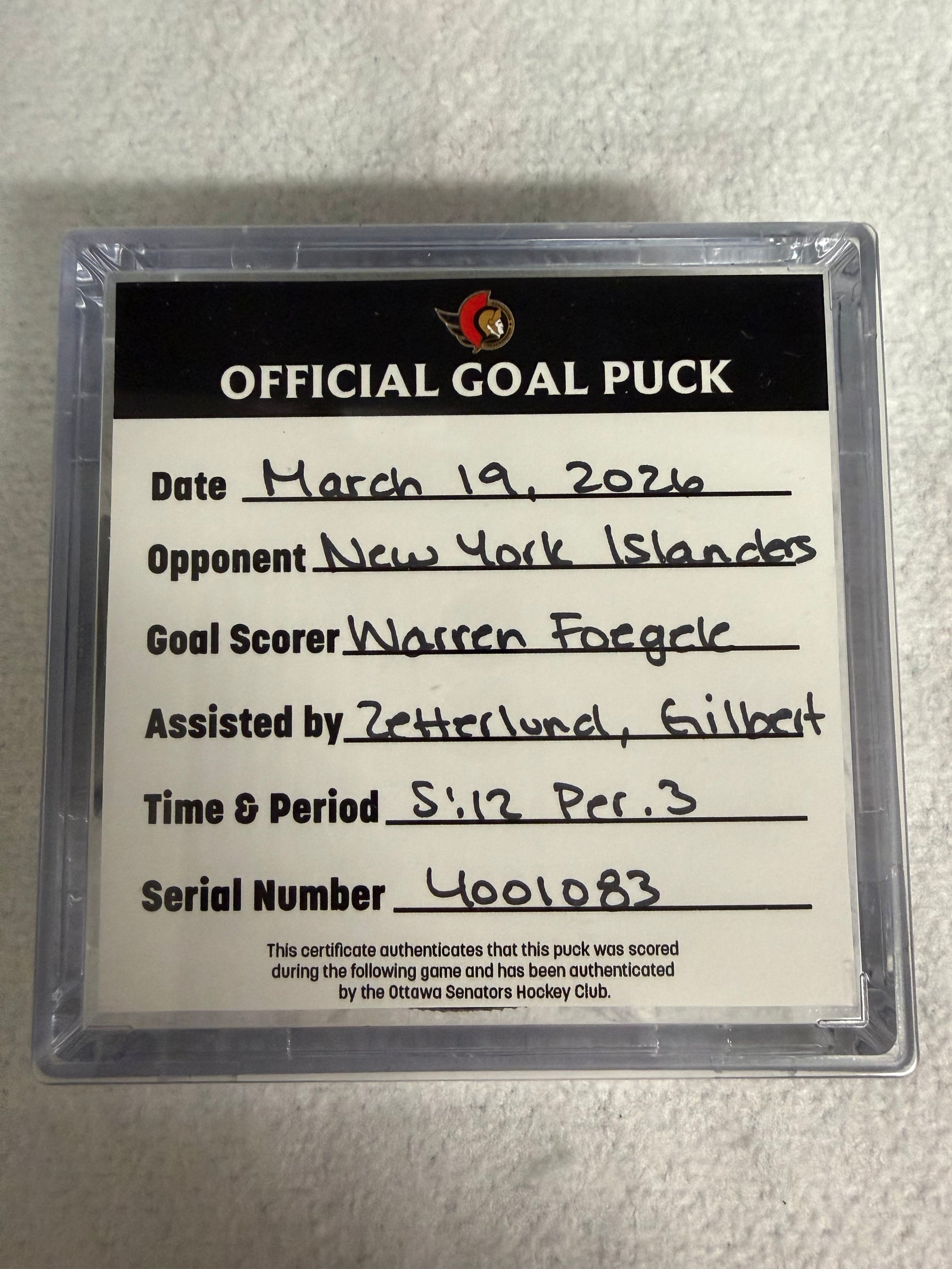 Mar 19th Warren Foegele Goal Puck