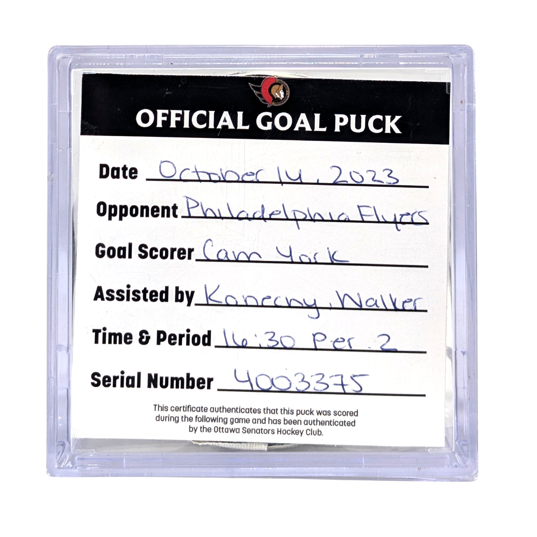 CAM YORK - 2023 GOAL PUCK