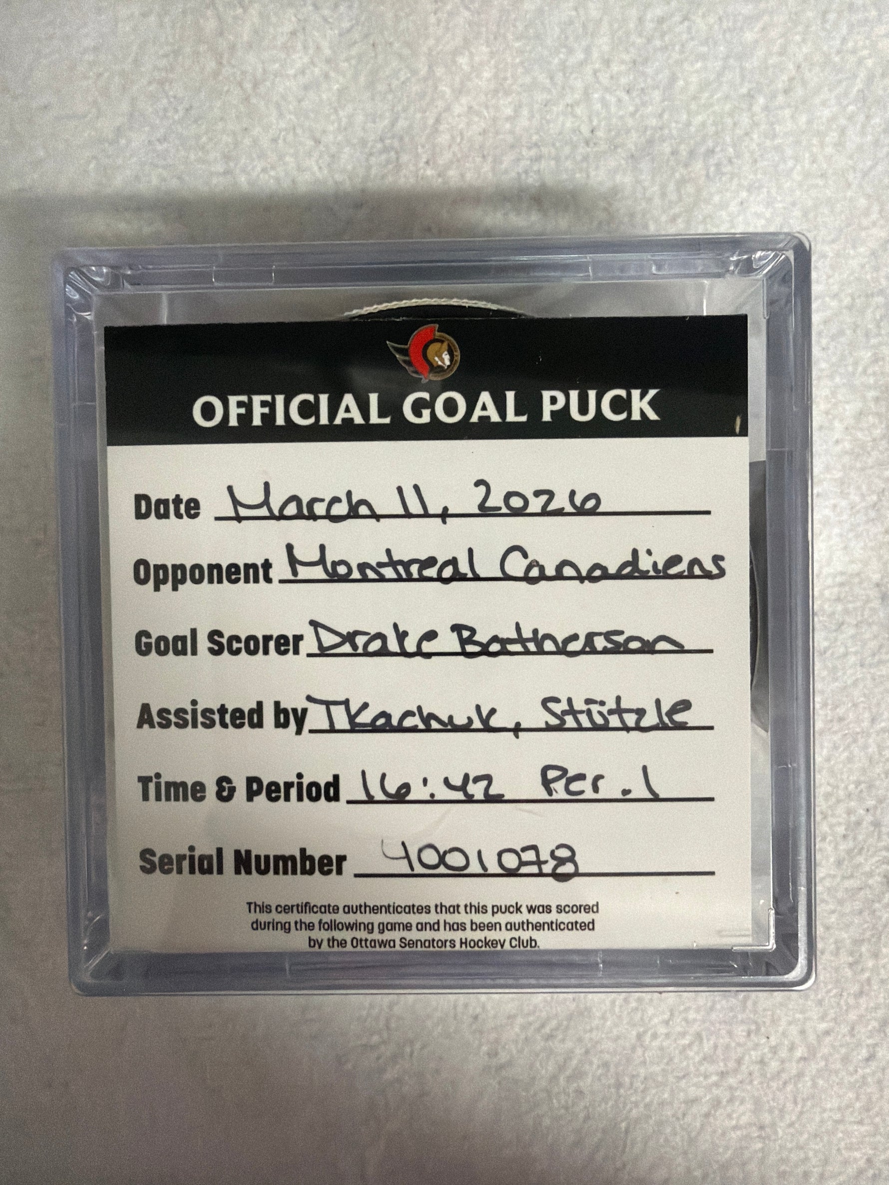 Mar 11th Drake Batherson Goal Puck