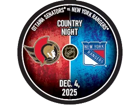  hockey puck with Ottawa Senators and New York Rangers logos and text