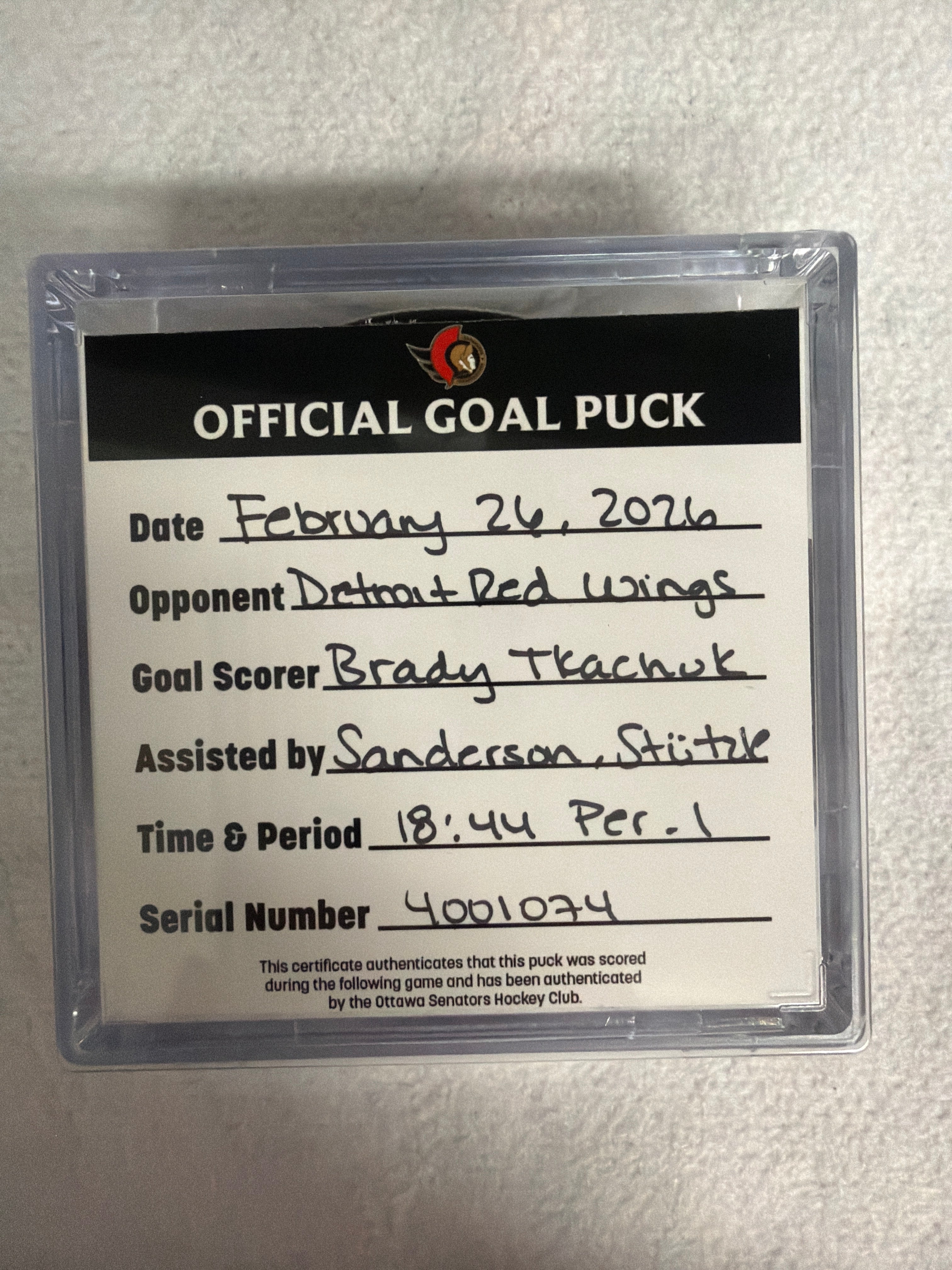Feb 26th Brady Tkachuk Goal Puck