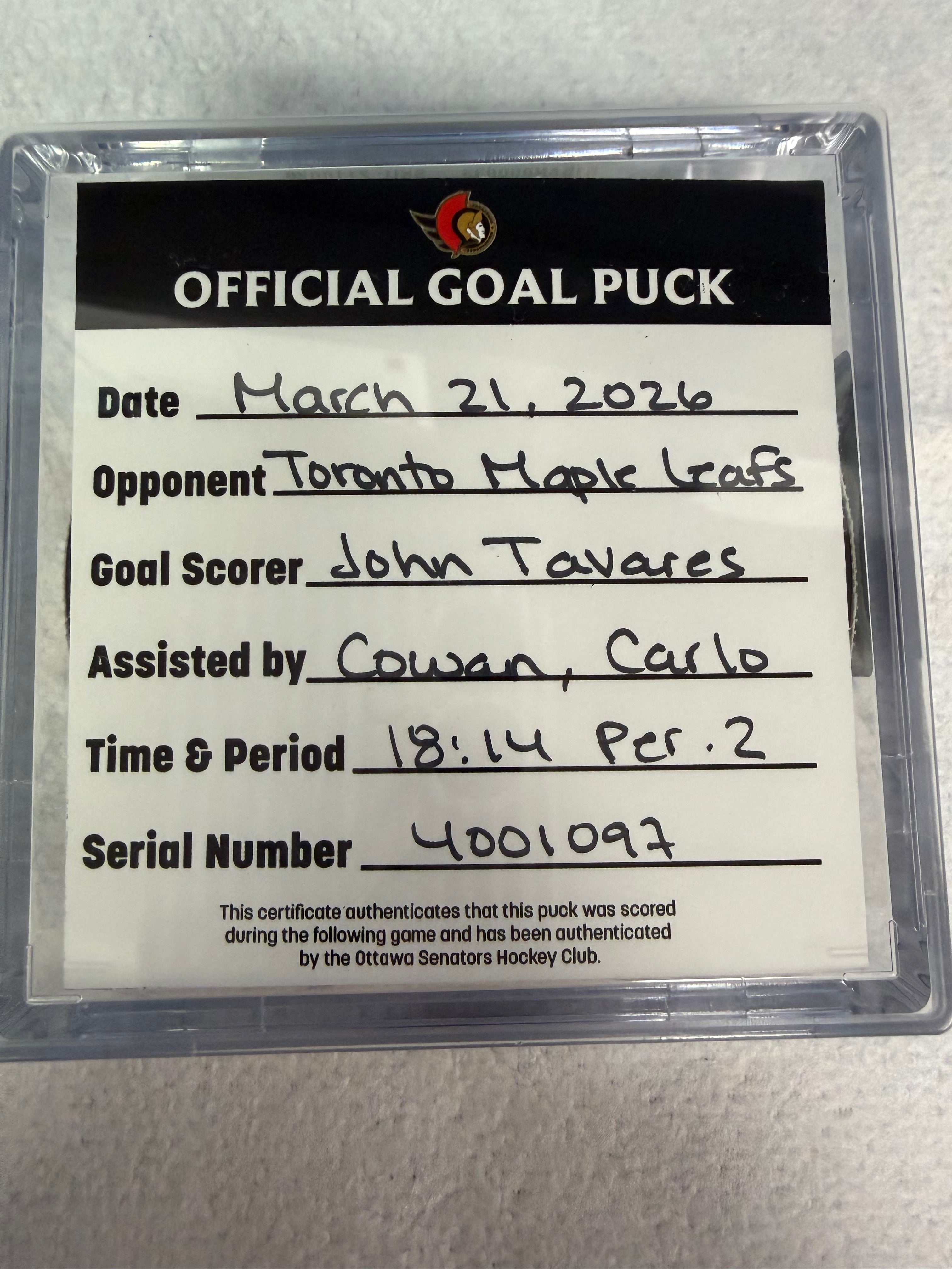 Mar 21st John Tavares Goal Puck