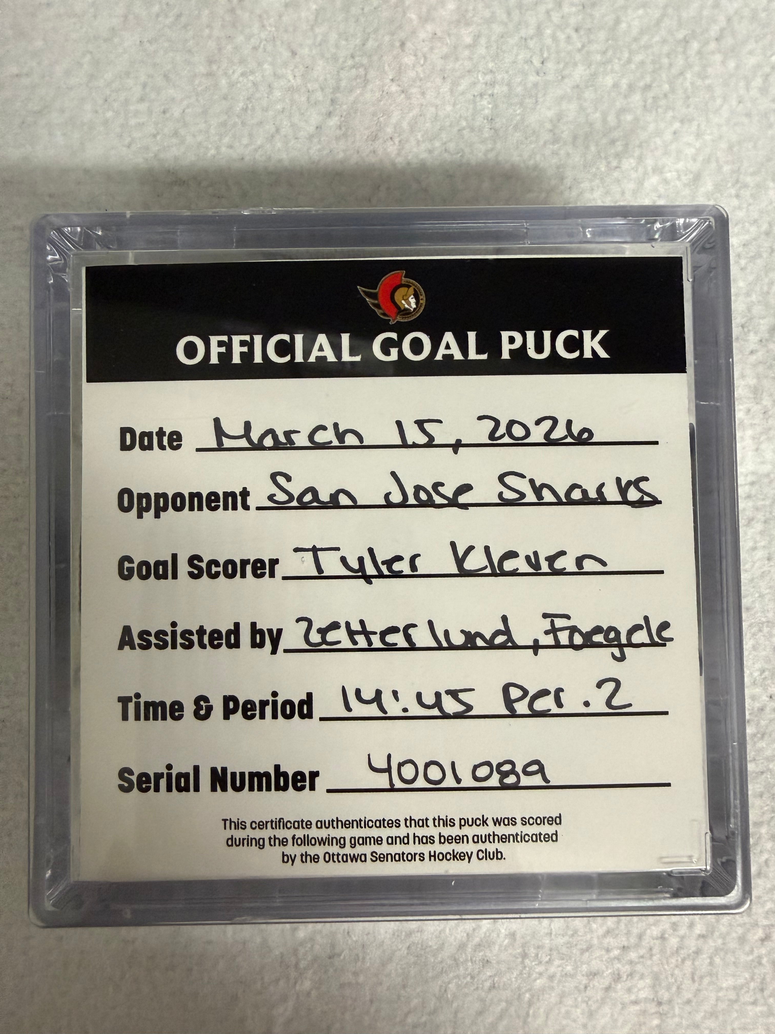 Mar 15th Tyler Kleven Goal Puck