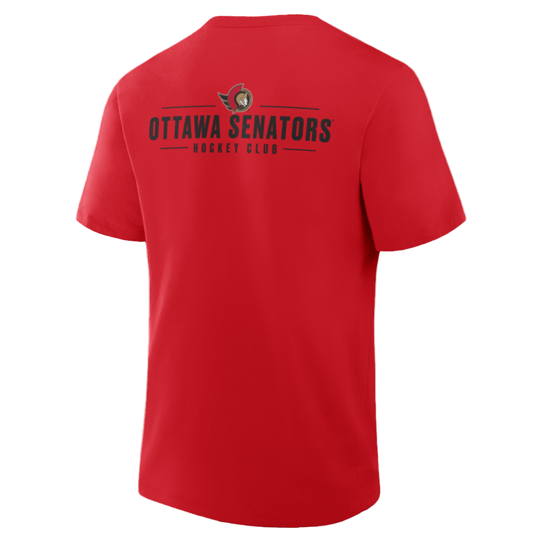 Red t-shirt with 'Ottawa Senators Hockey Club' text on the back against a white background
