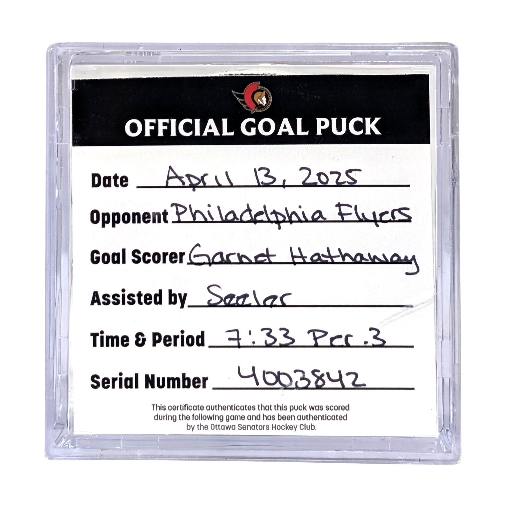 GARNET HATHAWAY - 2025 GOAL PUCK