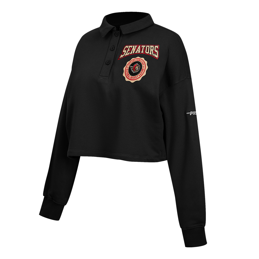 OTTAWA SENATORS WOMEN'S CLASSIC ICON CREST CROPPED BLACK LONGSLEEVE POLO