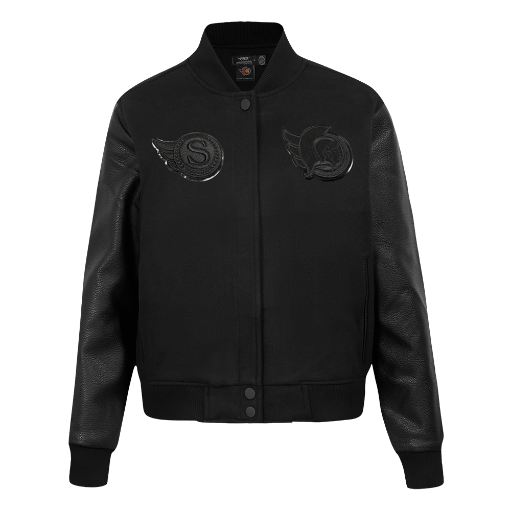 Ottawa Senators Black bomber jacket with faux leather sleeves and embroidered Sens logos 