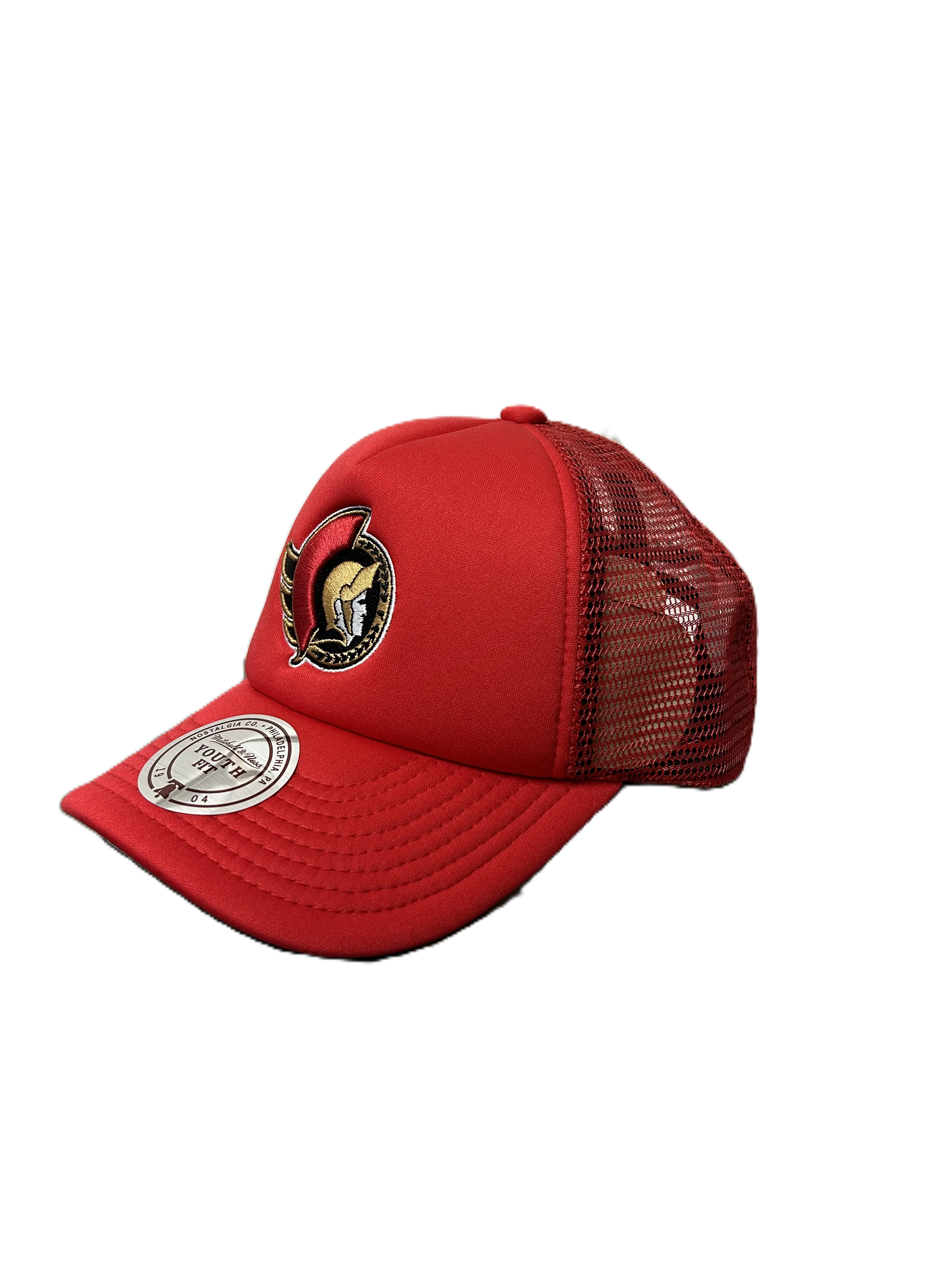 Youth Evergreen Red Trucker Cap-Mitchell & Ness-OttawaTeamShop.ca