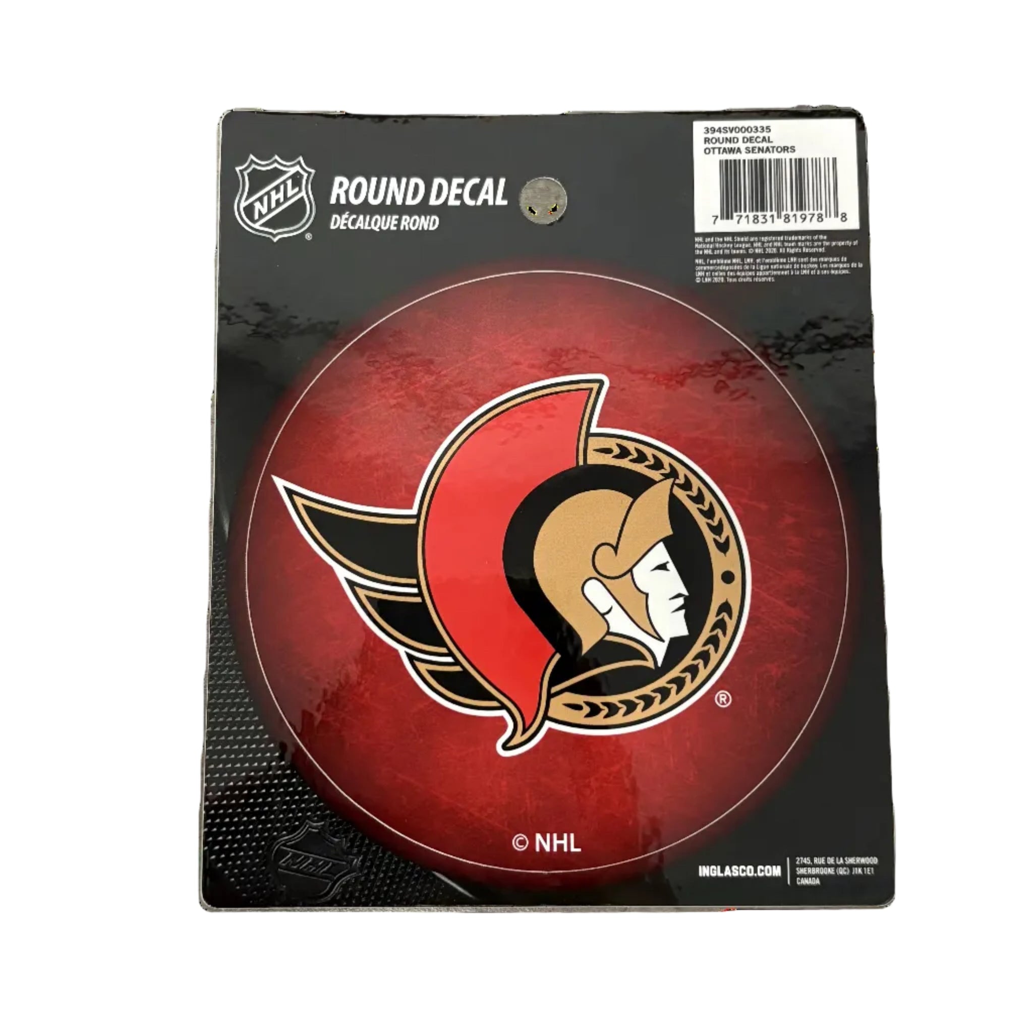 Round decal with NHL logo on a red background