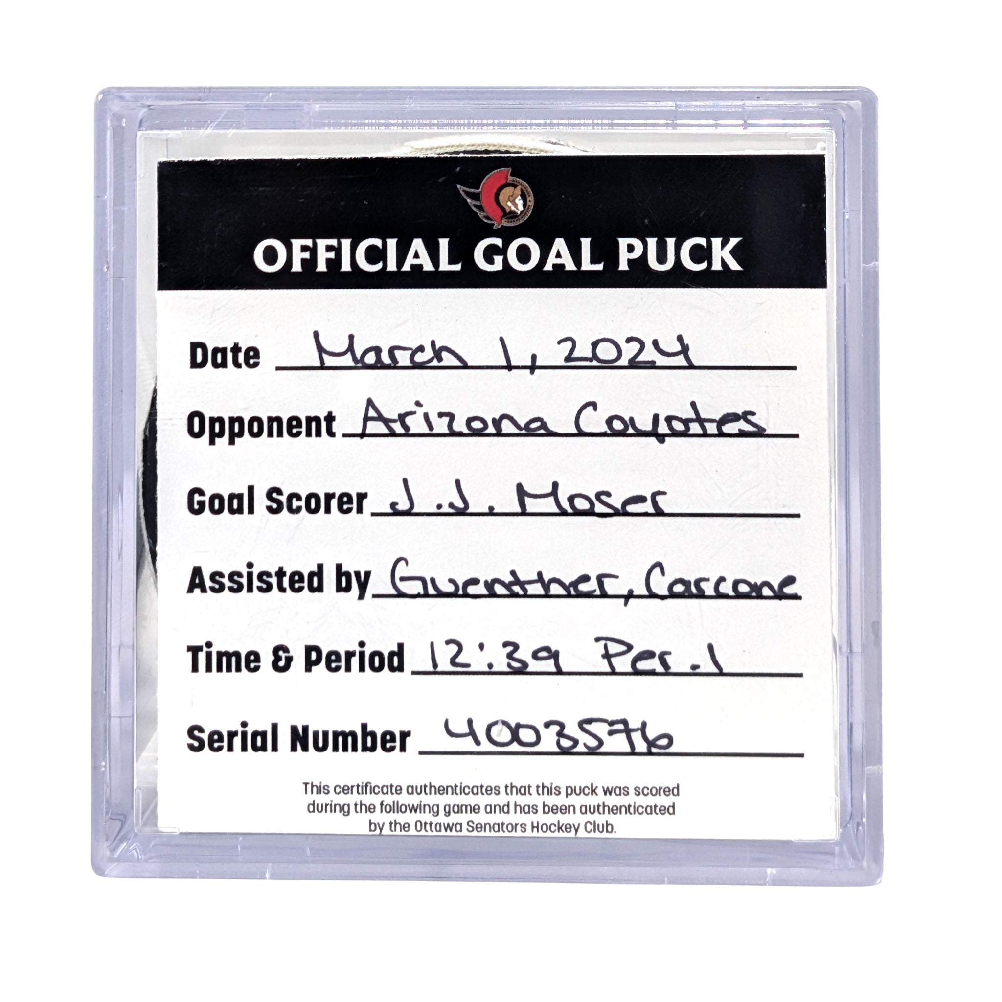 J. J. MOSER - GOAL 2024 PUCK