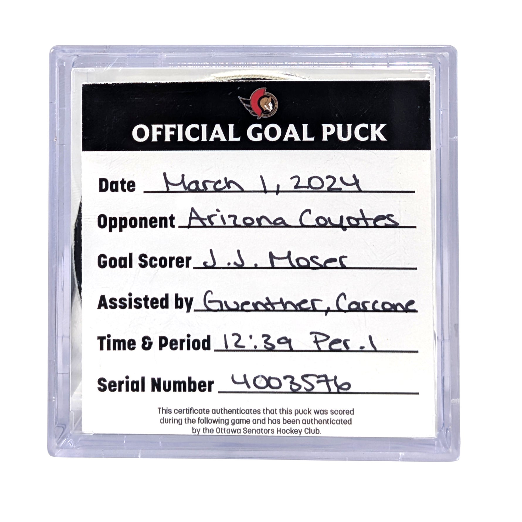 J. J. MOSER - GOAL 2024 PUCK