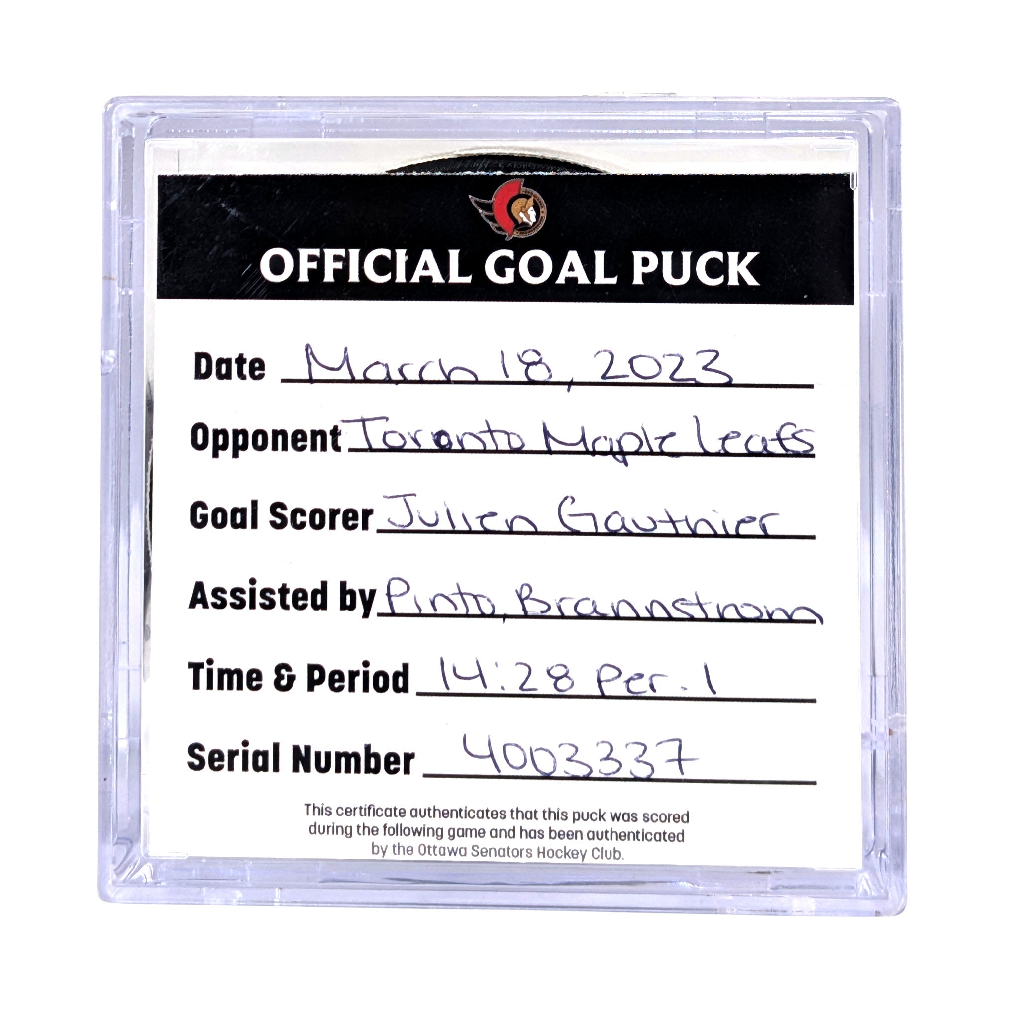 JULIEN GAUTHIER - 2023 GOAL PUCK