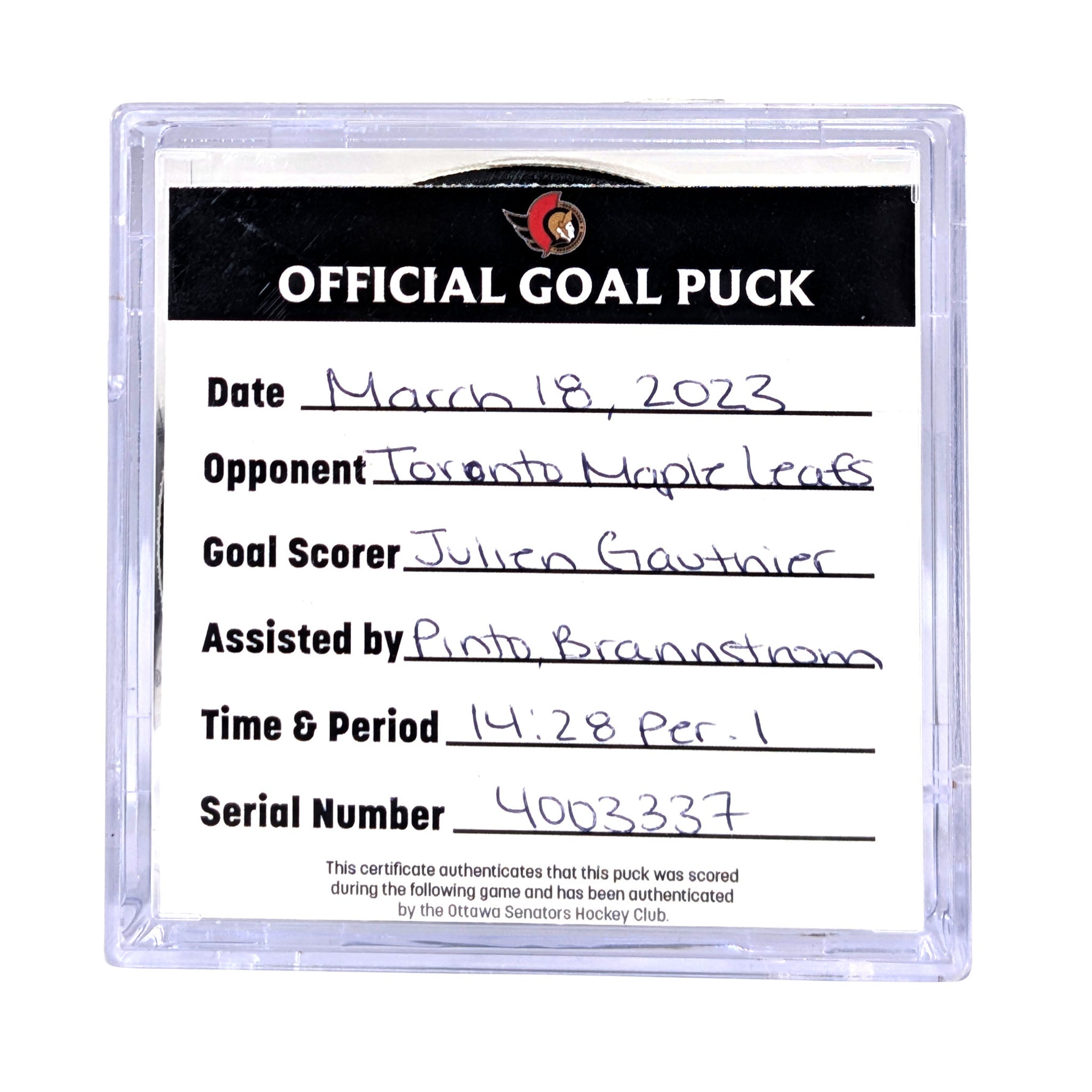 JULIEN GAUTHIER - 2023 GOAL PUCK