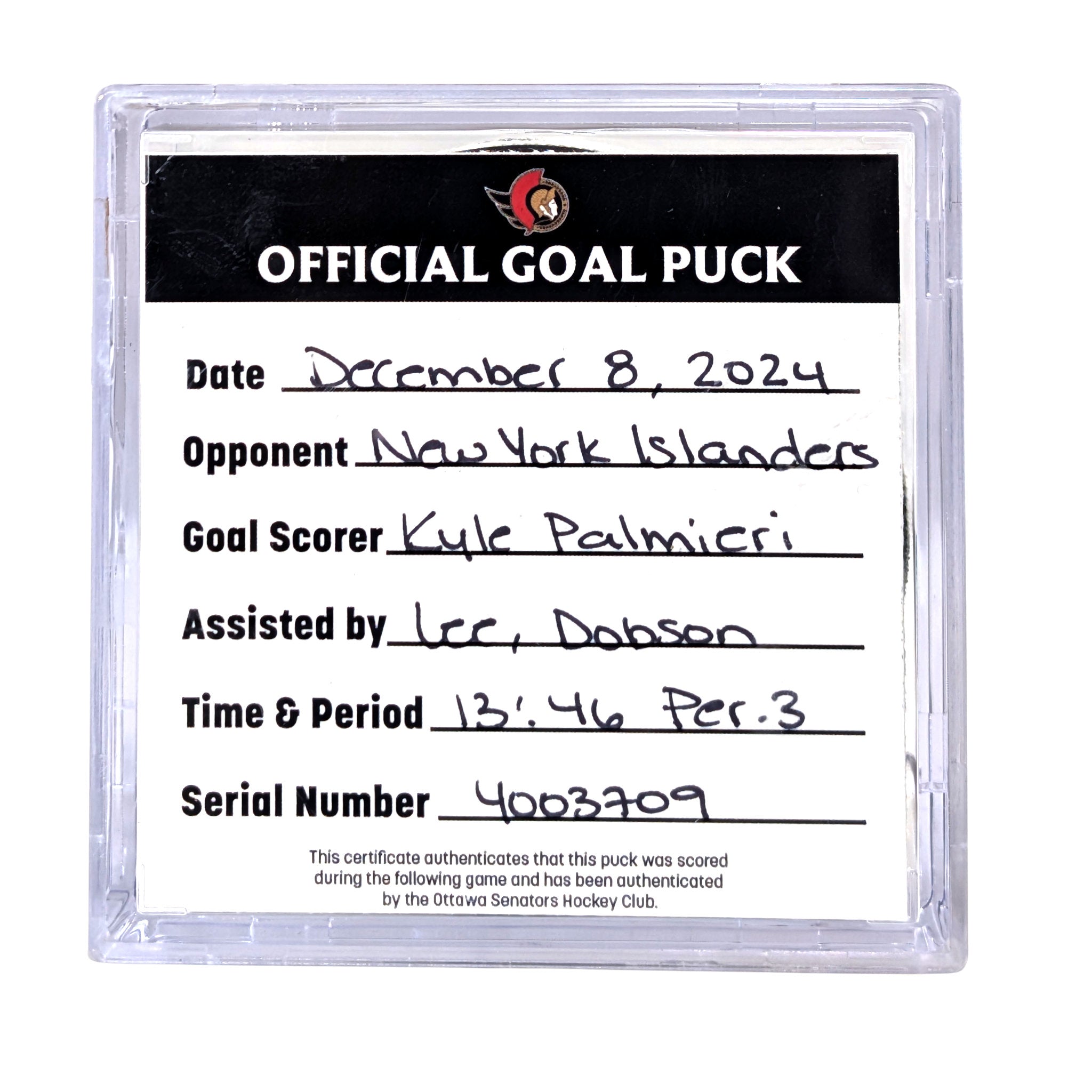 KYLE PALMEIERI - 2024 GOAL PUCK