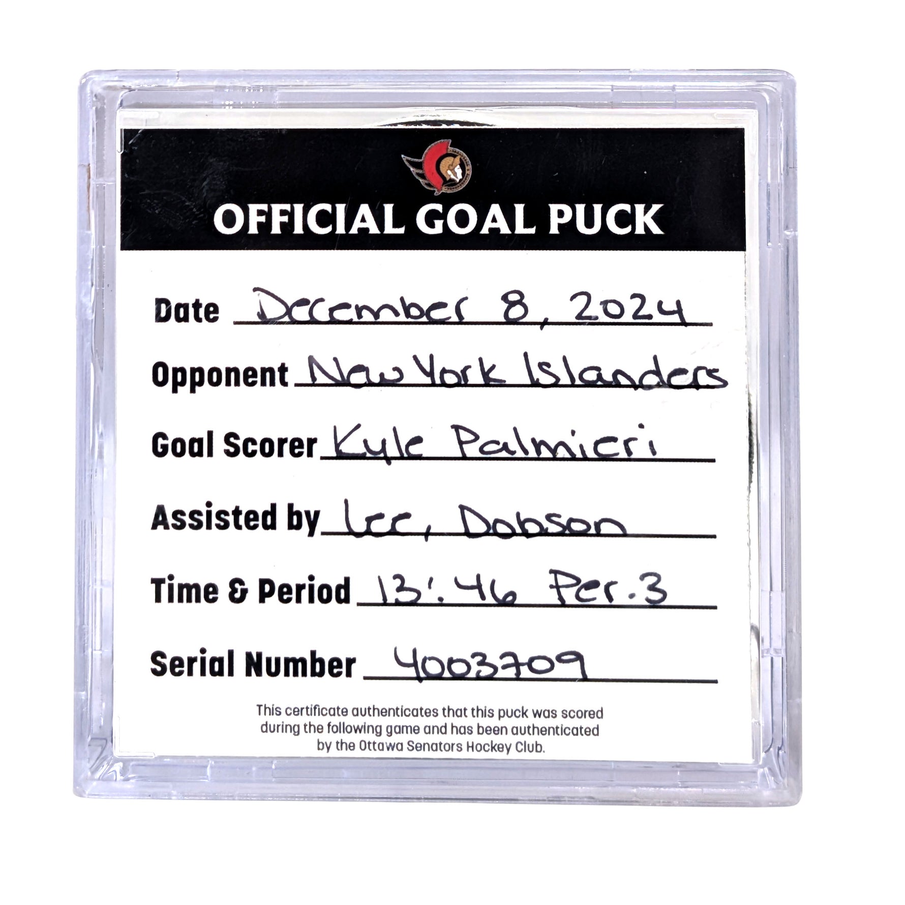 KYLE PALMEIERI - 2024 GOAL PUCK