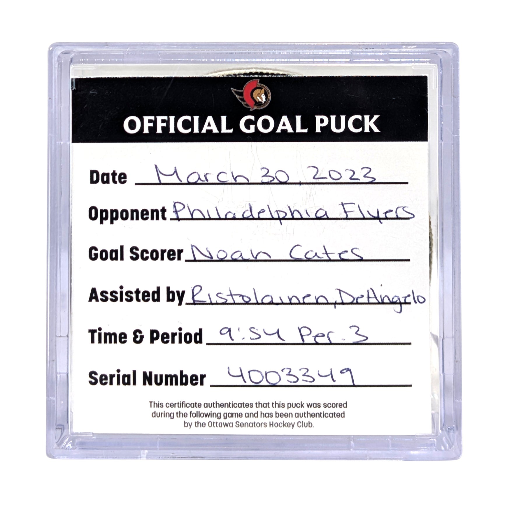 NOAH CATES - 2023 GOAL PUCK