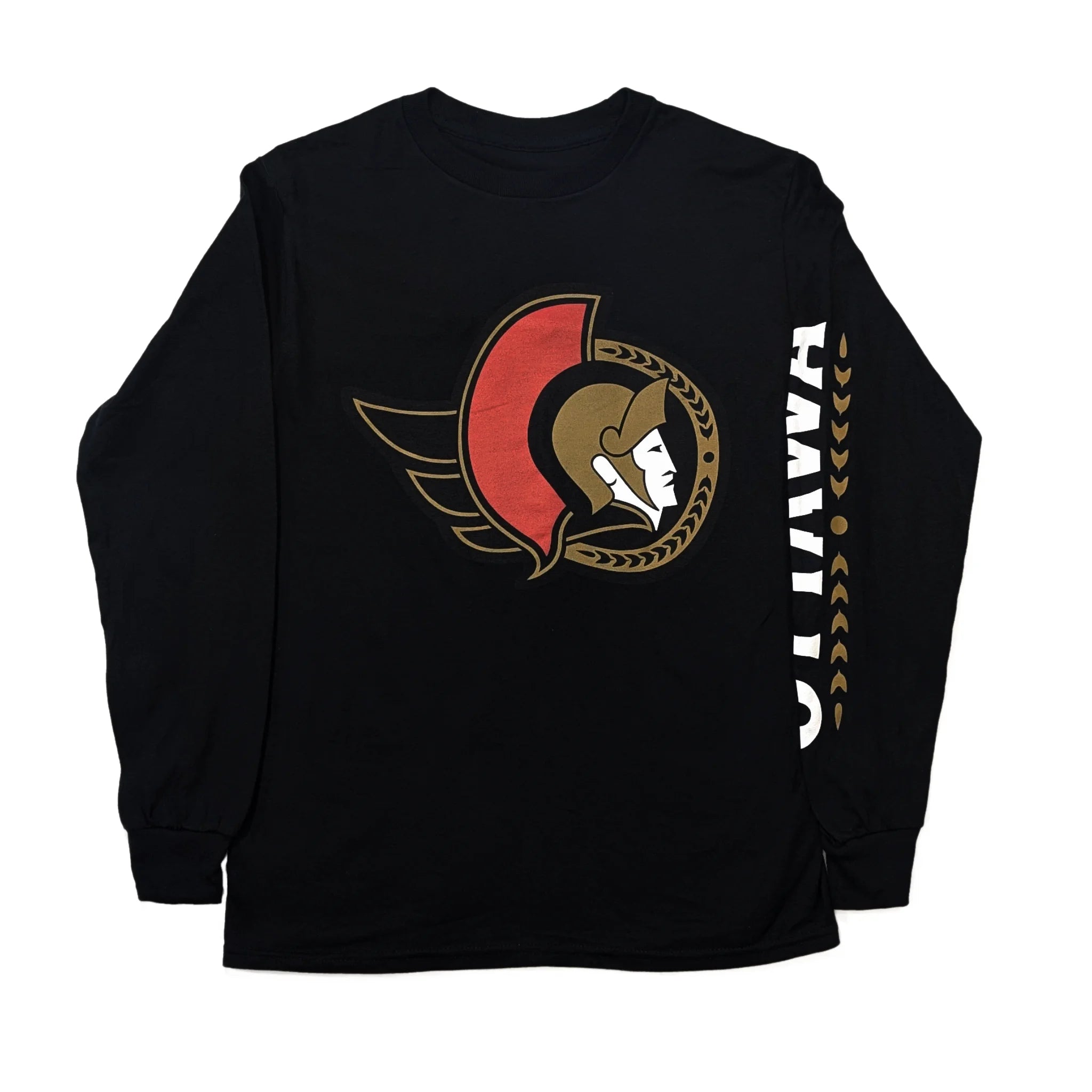 Black long-sleeve shirt with a Ottawa Senators logo and Ottawa 3rd jersey wordmark on the left sleeve