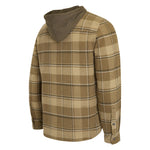 A men's hooded flannel shirt jacket in a brown and tan plaid pattern, shown from a three-quarters back view on a white background.