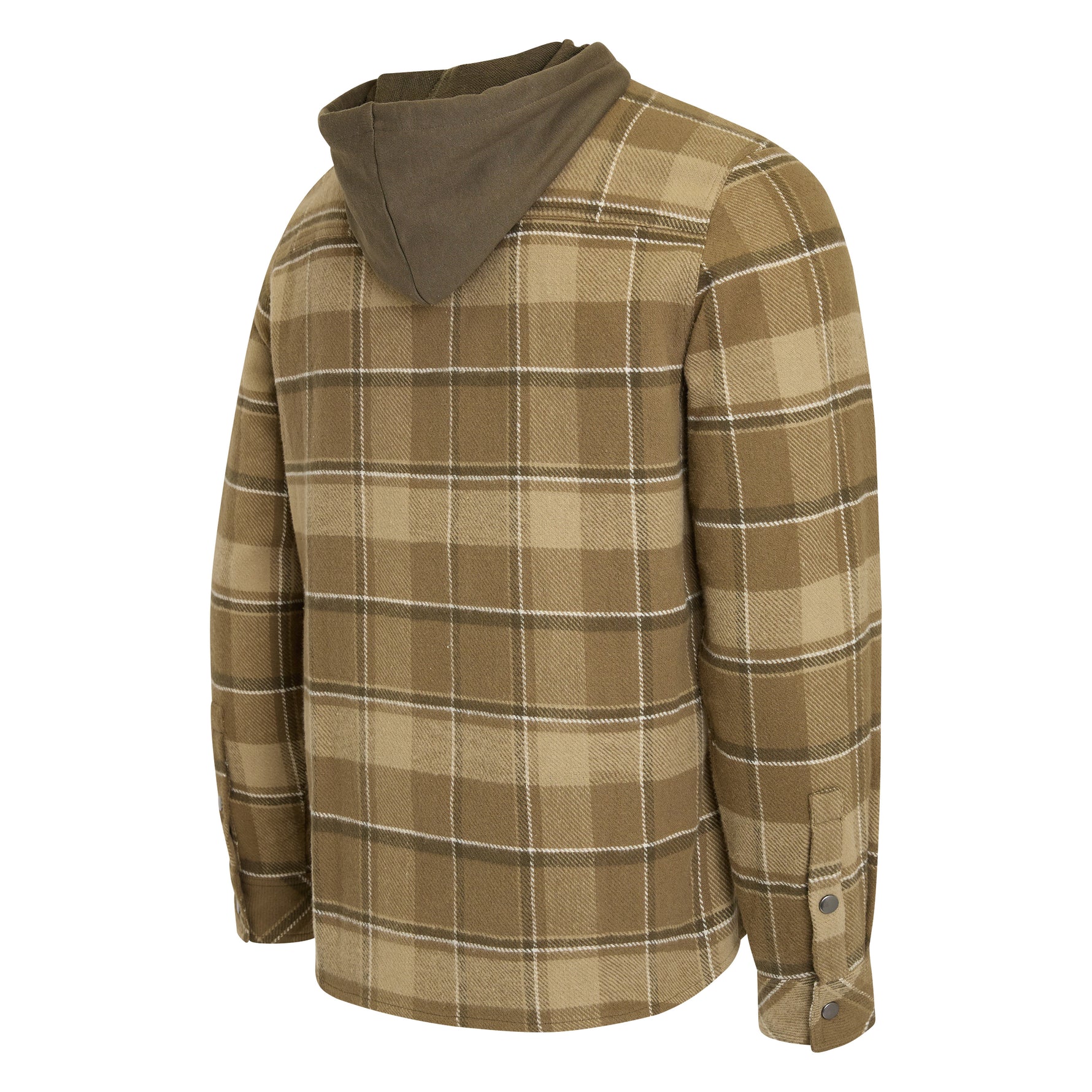 A men's hooded flannel shirt jacket in a brown and tan plaid pattern, shown from a three-quarters back view on a white background.