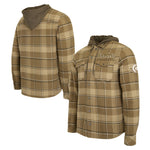 A hooded long-sleeve flannel shirt in a tan and brown plaid pattern, shown from both the front and back views against a plain white background.