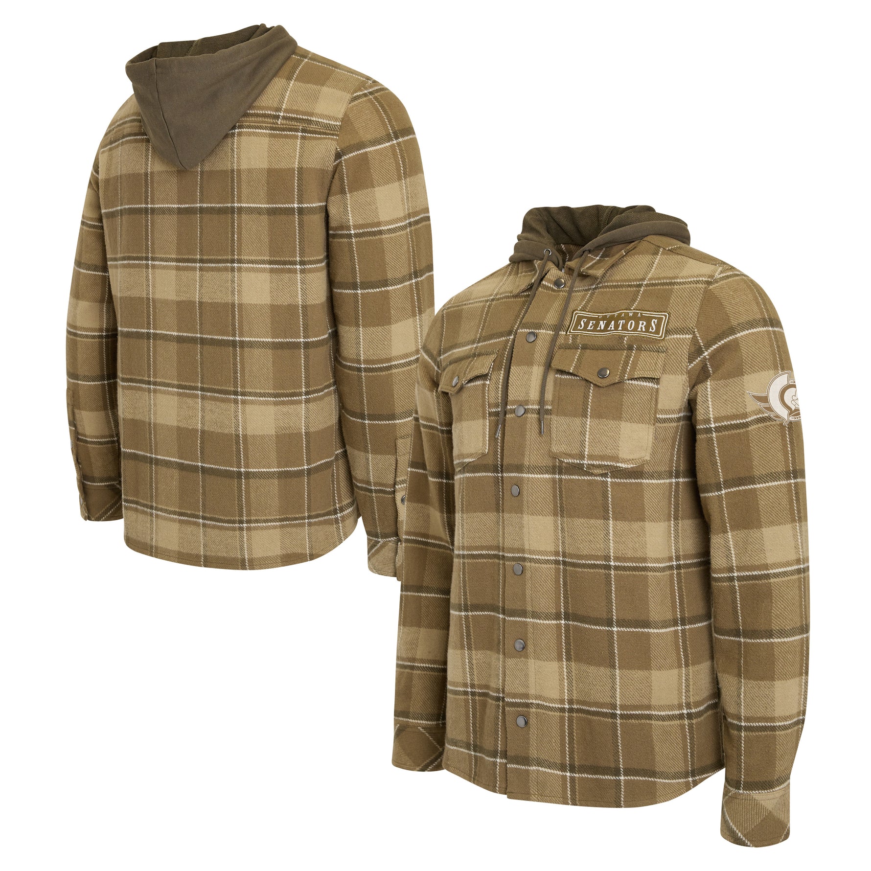 A hooded long-sleeve flannel shirt in a tan and brown plaid pattern, shown from both the front and back views against a plain white background.