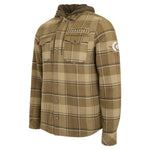 A hooded long-sleeve flannel shirt jacket in a brown and tan plaid pattern, featuring a 'SENATORS' patch on the left chest and a circular patch on the right sleeve, shown on a plain white background.