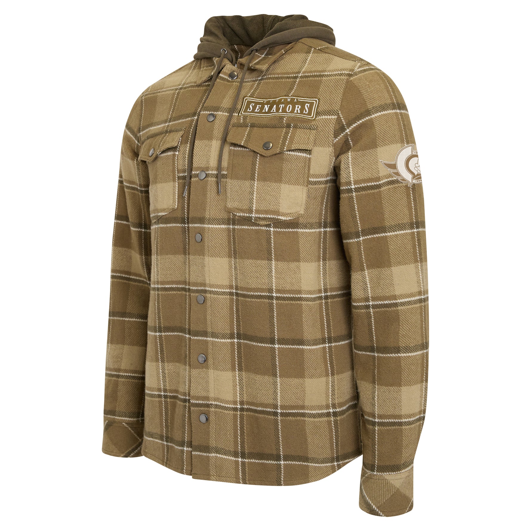 A hooded long-sleeve flannel shirt jacket in a brown and tan plaid pattern, featuring a 'SENATORS' patch on the left chest and a circular patch on the right sleeve, shown on a plain white background.