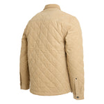 A tan quilted jacket shown from the back, featuring a diamond-quilted pattern and a collar, photographed on a solid white background.
