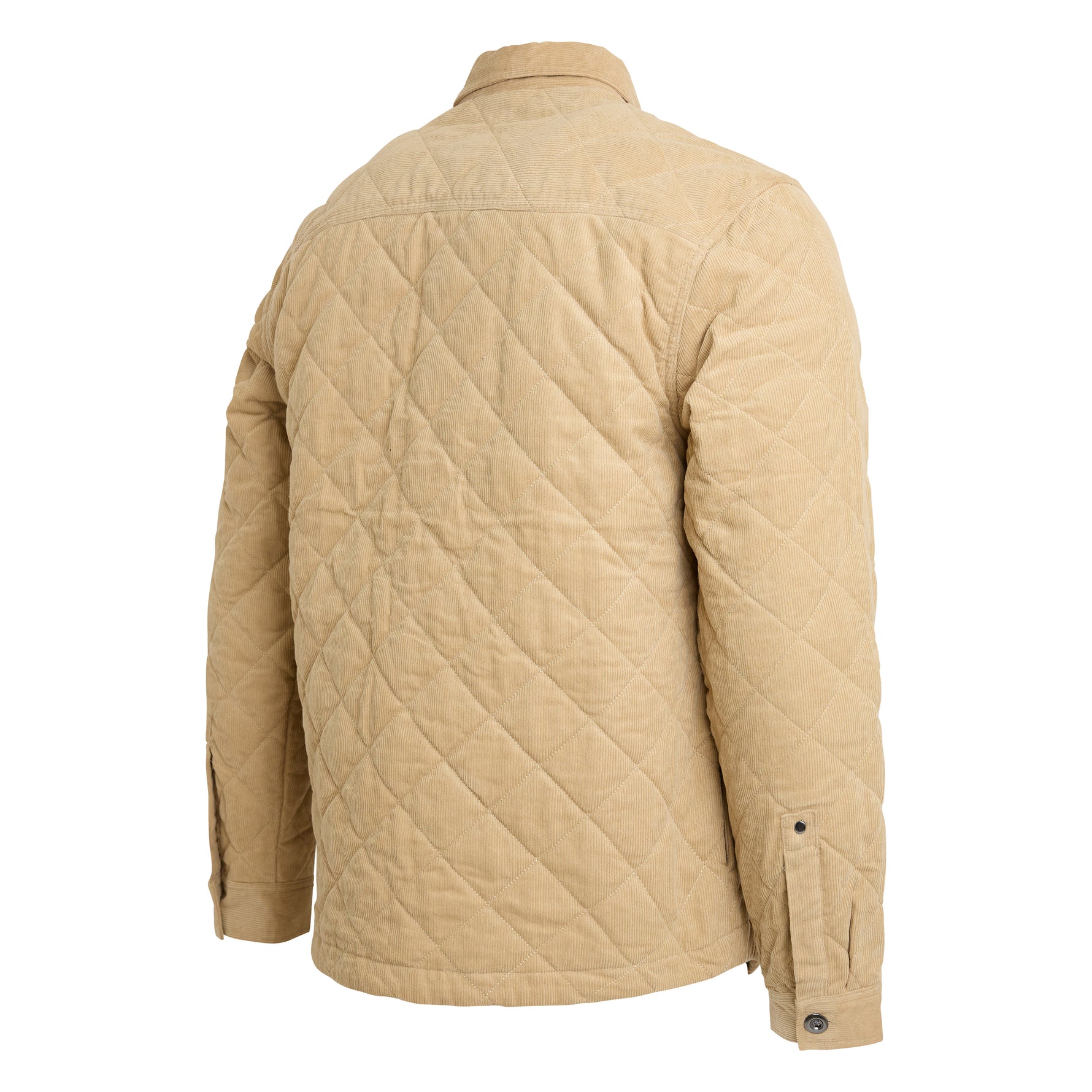 A tan quilted jacket shown from the back, featuring a diamond-quilted pattern and a collar, photographed on a solid white background.