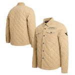 A tan quilted button-up shirt jacket shown from both front and back views on a white background. The jacket features a diamond-quilted pattern, chest flap pockets